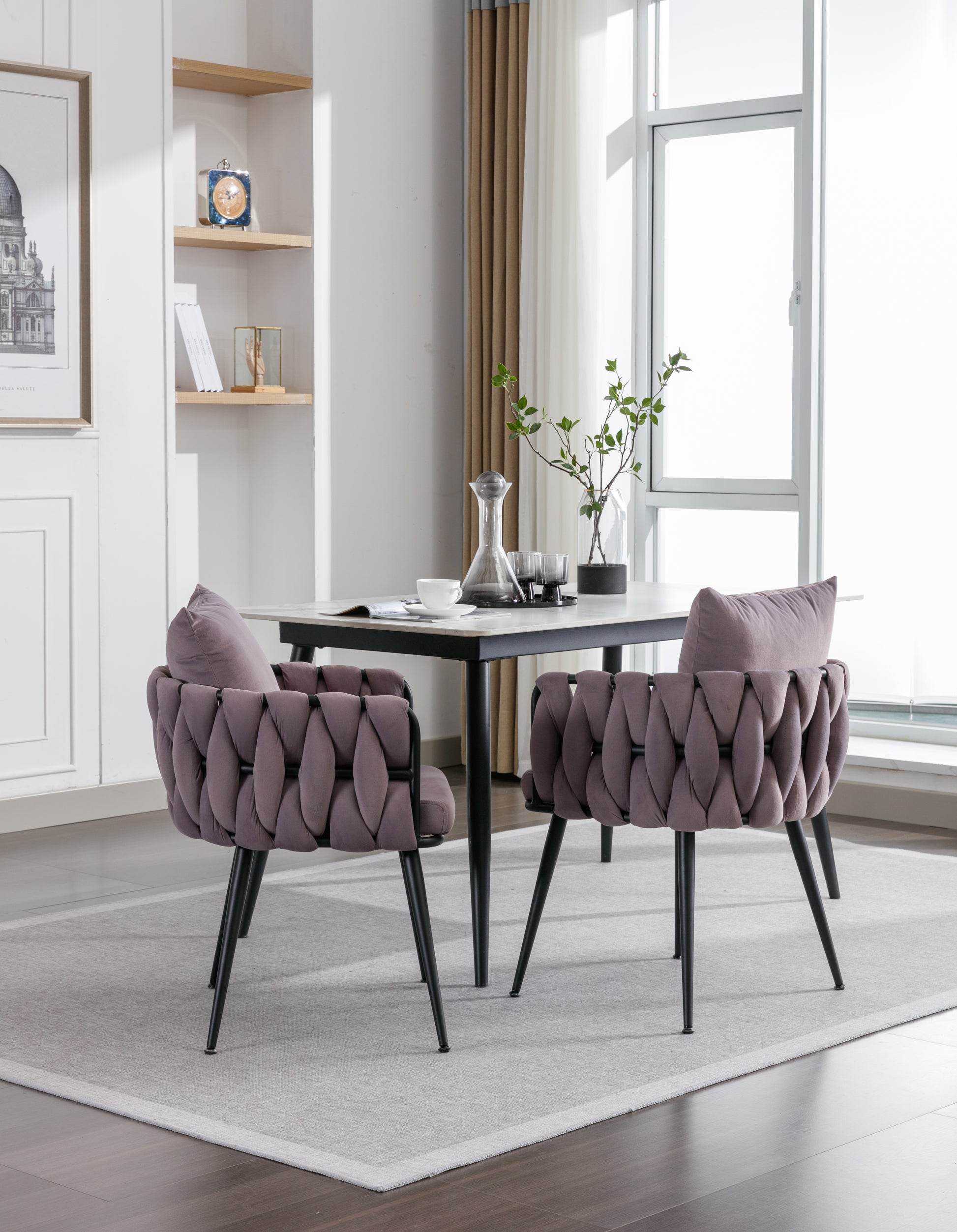 Pure Purple Modern Velvet Dining Chairs Set Of 2 Hand Weaving Accent Chairs Living Room Chairs Upholstered Side Chair With Black Metal Legs For Dining Room Kitchen Vanity Living Room Purple Velvet