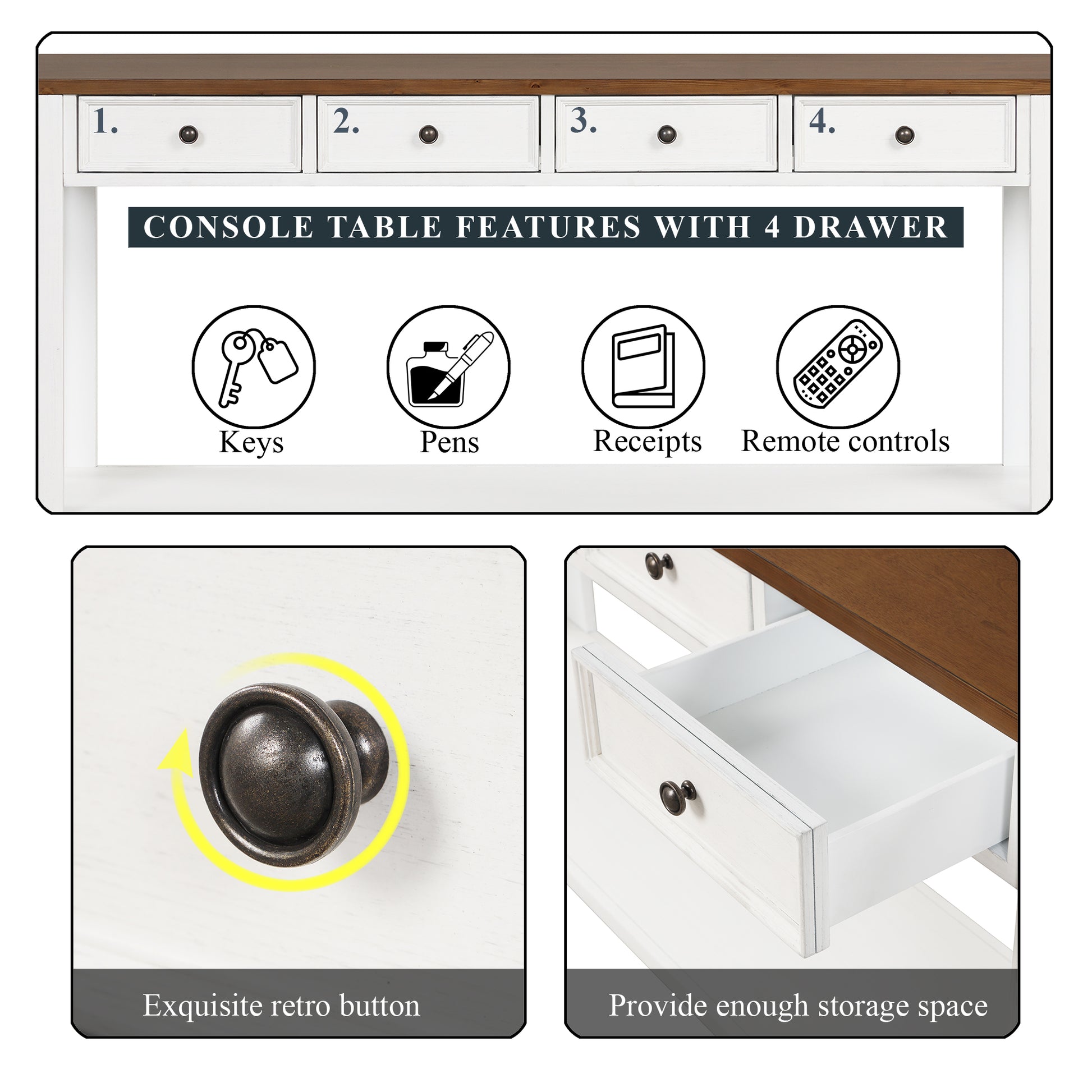 63" Pine Wood Console Table With 4 Drawers And 1 Bottom Shelf For Entryway Hallway Easy Assembly 63 Inch Long Sofa Table Antique White Brown Top Antique White Pine