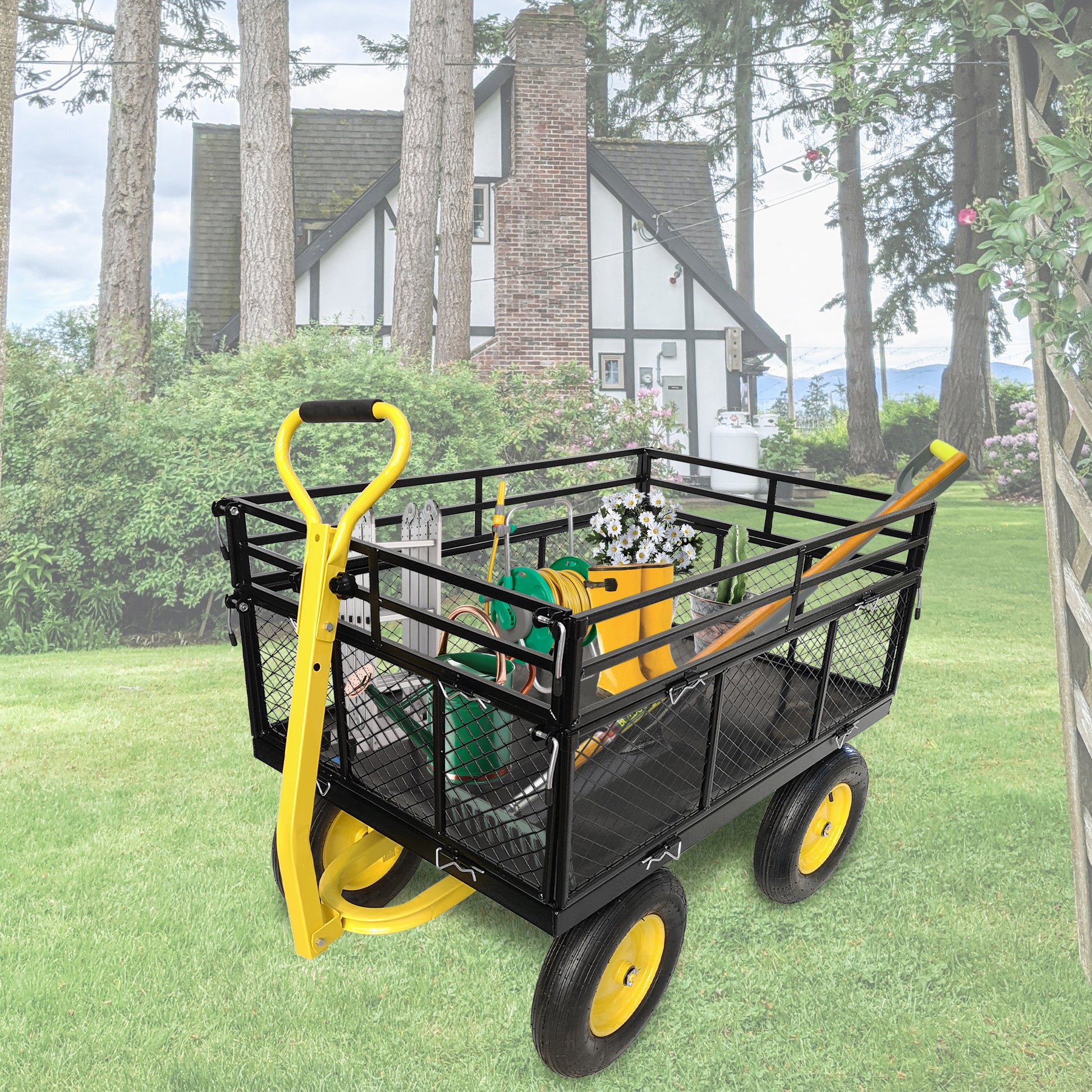 Steel Garden Cart, Heavy Duty 1400 Lbs Capacity, With Removable Mesh Sides To Convert Into Flatbed, Utility Metal Wagon With 2 In 1 Handle And 16 In Tires, Perfect For Garden, Farm, Yard Black Metal