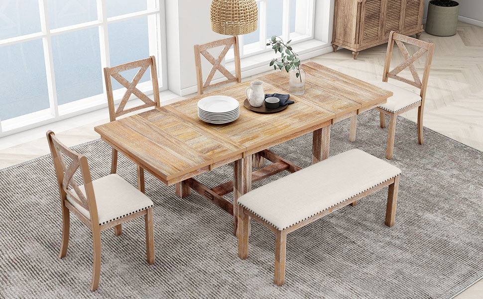 Farmhouse 82Inch 6 Piece Extendable Dining Table With Footrest, 4 Upholstered Dining Chairs And Dining Bench, Two 11"Removable Leaf, Natural Beige Cushion Wood Dining Room Bench Seating Acacia Rectangular Dining Table With Chair And Bench Wood Wood