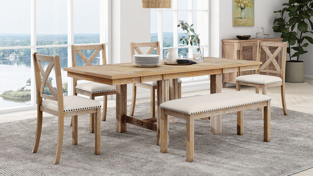 Farmhouse 82Inch 6 Piece Extendable Dining Table With Footrest, 4 Upholstered Dining Chairs And Dining Bench, Two 11"Removable Leaf, Natural Beige Cushion Wood Dining Room Bench Seating Acacia Rectangular Dining Table With Chair And Bench Wood Wood