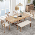 Farmhouse 82Inch 6 Piece Extendable Dining Table With Footrest, 4 Upholstered Dining Chairs And Dining Bench, Two 11