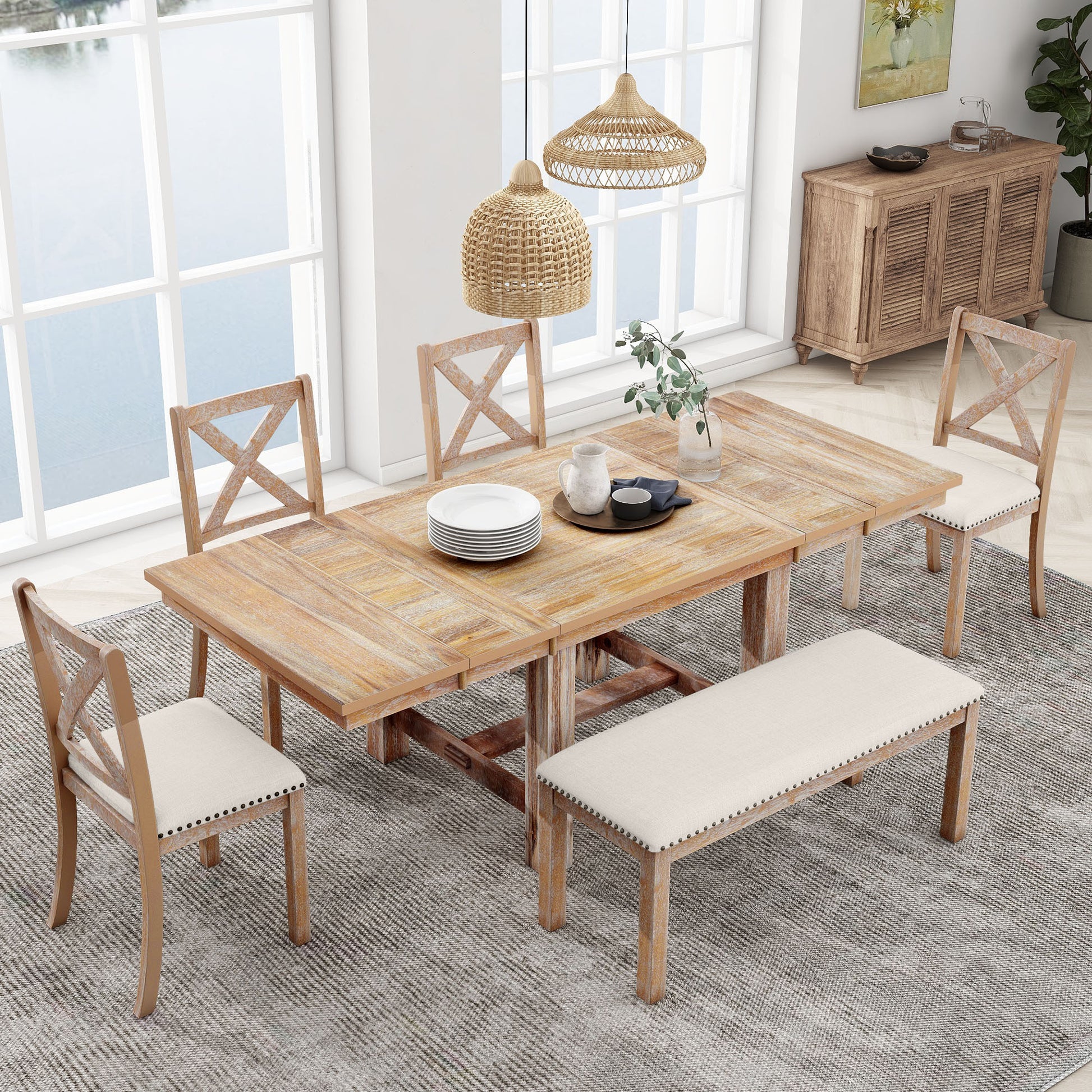 Farmhouse 82Inch 6 Piece Extendable Dining Table With Footrest, 4 Upholstered Dining Chairs And Dining Bench, Two 11"Removable Leaf, Natural Beige Cushion Wood Dining Room Bench Seating Acacia Rectangular Dining Table With Chair And Bench Wood Wood