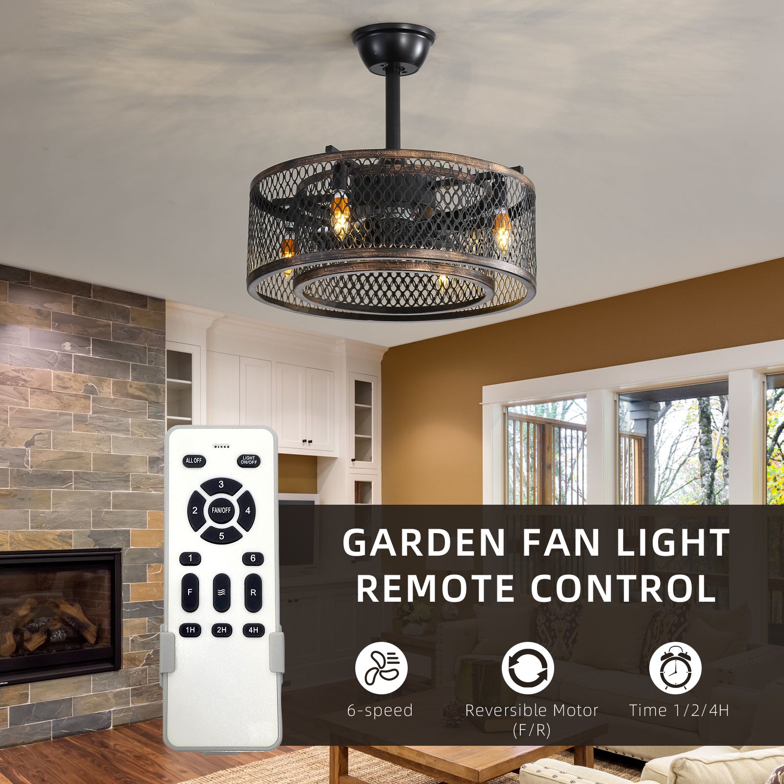 20 Inch Caged Ceiling Fan With Lights Note:No On Bulbs Black Retro Iron