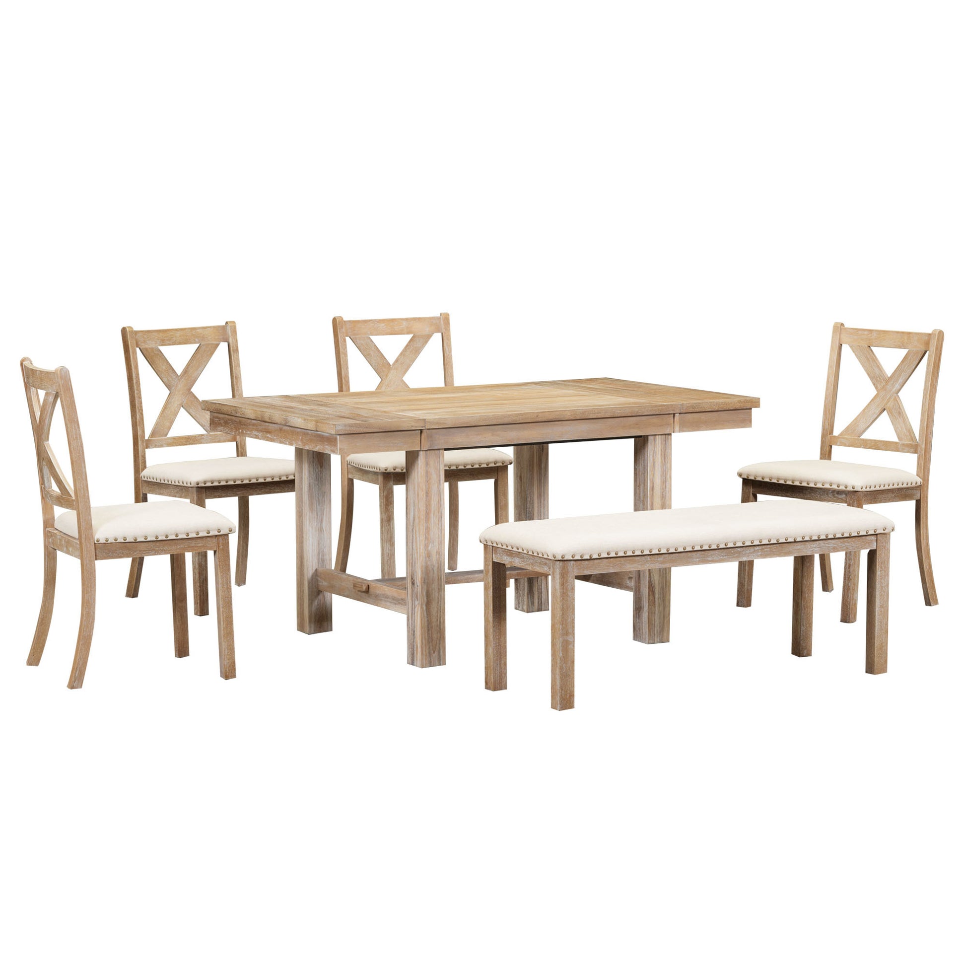 Farmhouse 82Inch 6 Piece Extendable Dining Table With Footrest, 4 Upholstered Dining Chairs And Dining Bench, Two 11"Removable Leaf, Natural Beige Cushion Wood Dining Room Bench Seating Acacia Rectangular Dining Table With Chair And Bench Wood Wood