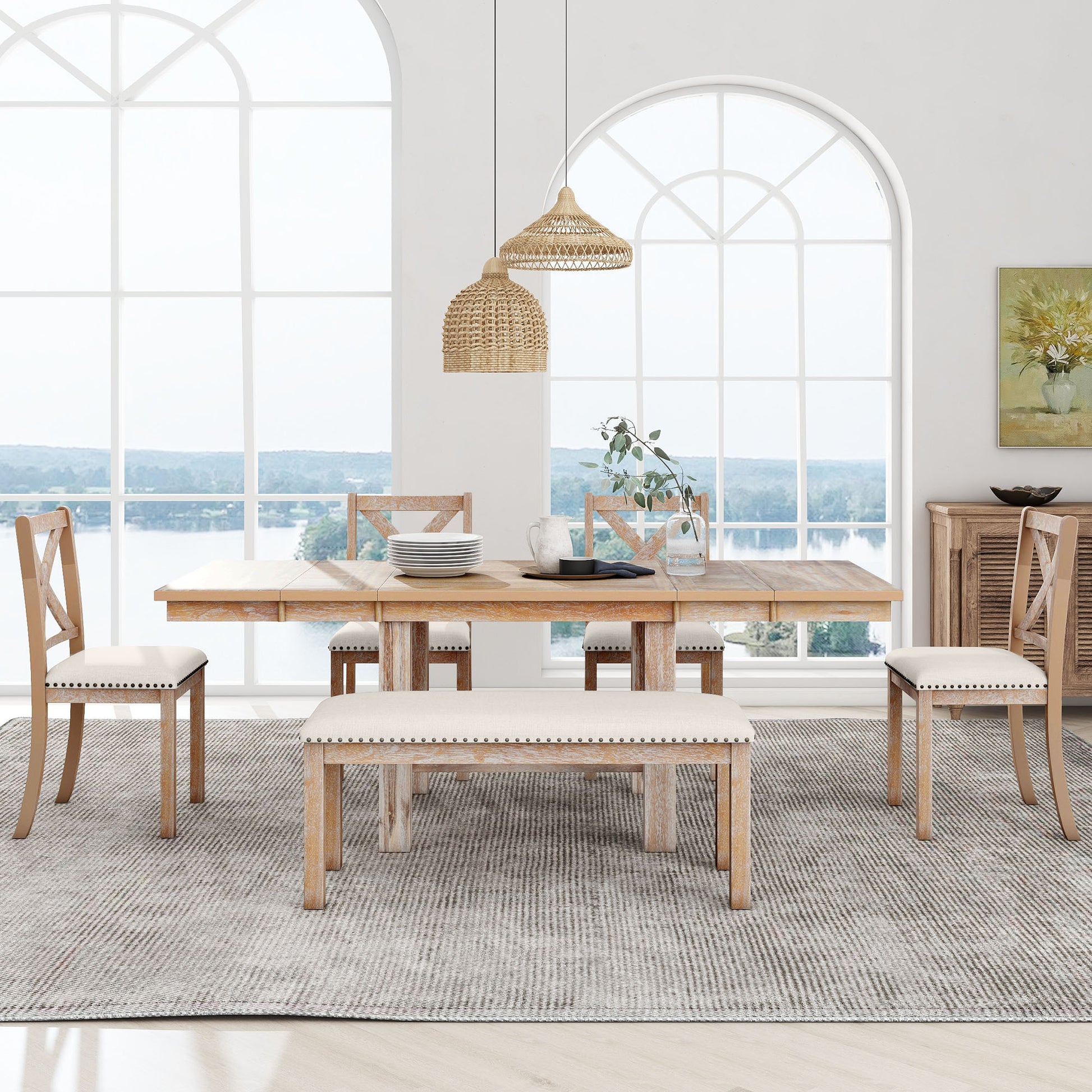 Farmhouse 82Inch 6 Piece Extendable Dining Table With Footrest, 4 Upholstered Dining Chairs And Dining Bench, Two 11"Removable Leaf, Natural Beige Cushion Wood Dining Room Bench Seating Acacia Rectangular Dining Table With Chair And Bench Wood Wood