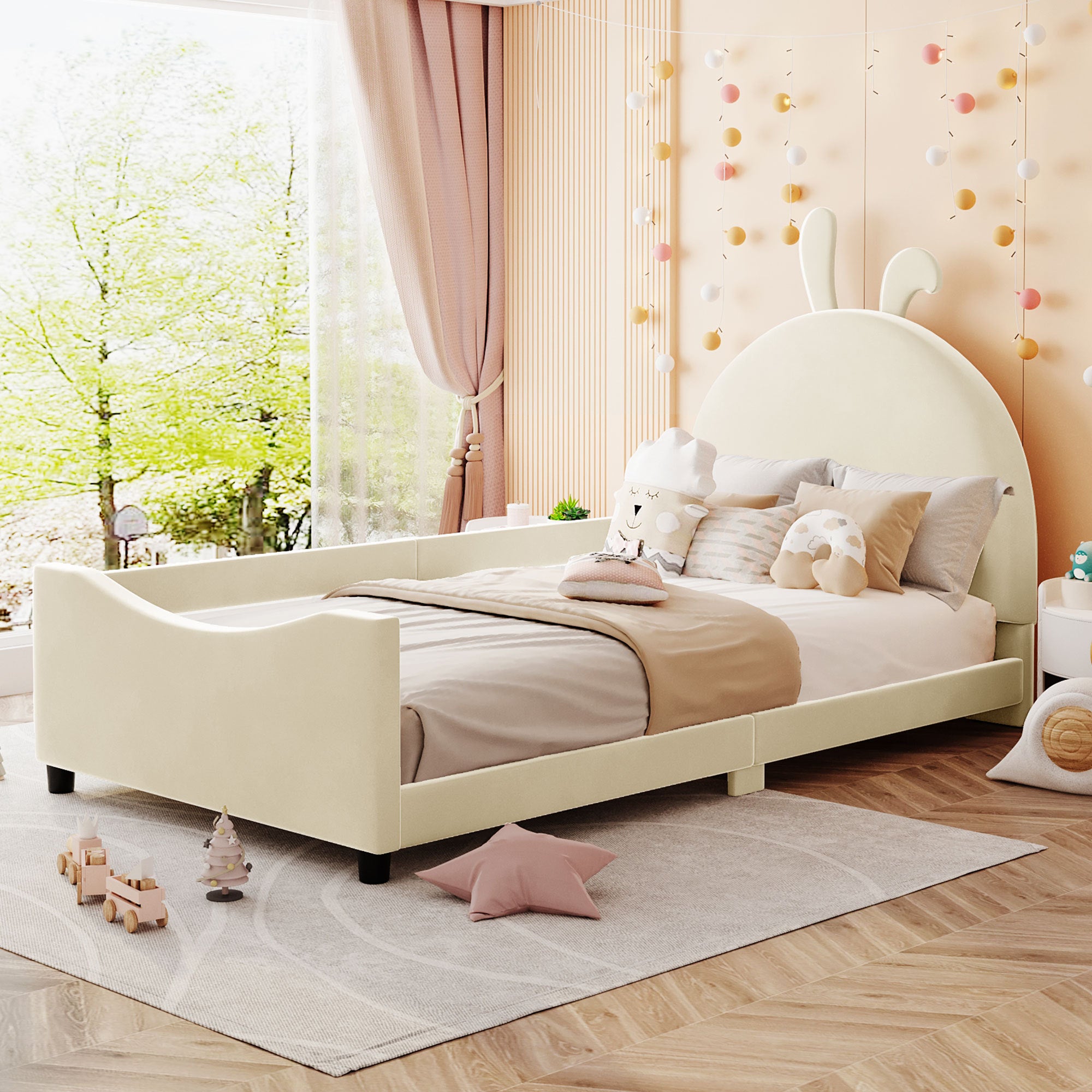 Twin Size Upholstered Daybed with Rabbit Ear Shaped beige-velvet