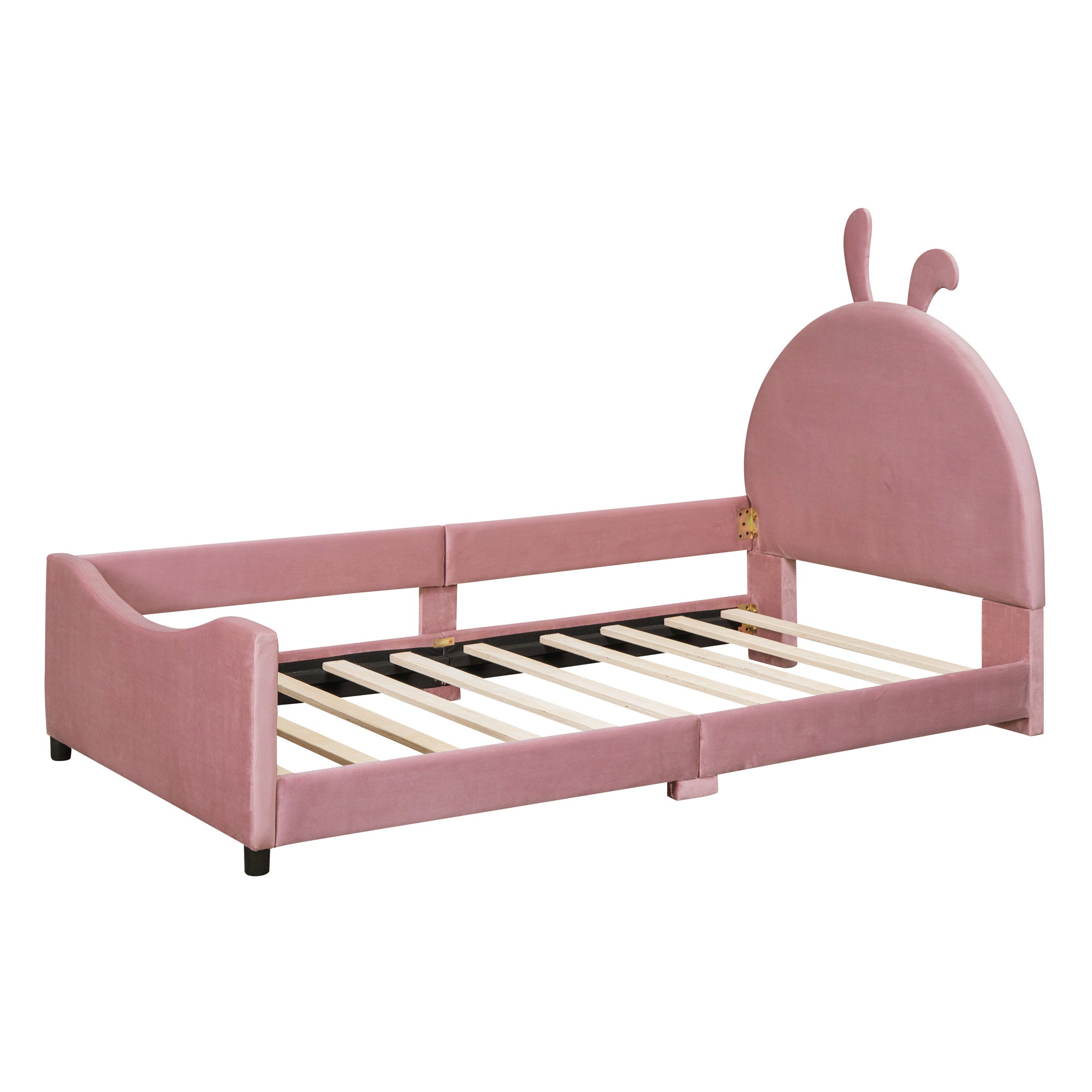 Twin Size Upholstered Daybed with Rabbit Ear Shaped pink-velvet