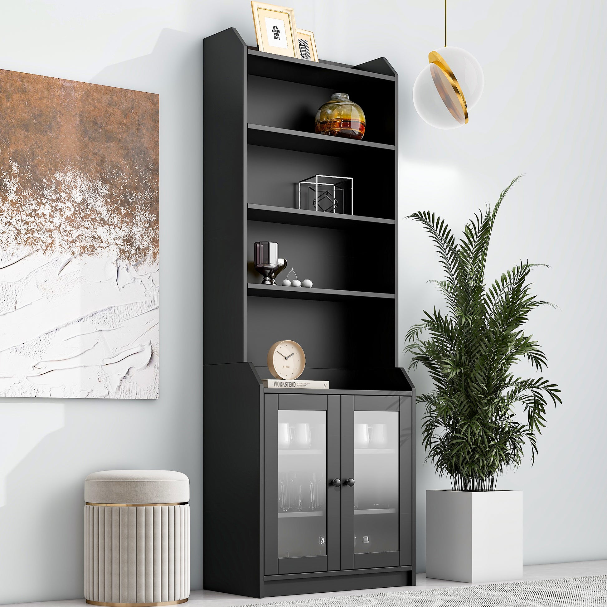 Elegant Tall Cabinet With Acrylic Board Door, Versatile Sideboard With Graceful Curves, Contemporary Bookshelf With Adjustable Shelves For Living Room, Black Freestanding 5 Or More Shelves Black Primary Living Space Open Storage Space Particle Board