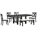 Farmhouse 82Inch 6 Piece Extendable Dining Table With Footrest, 4 Upholstered Dining Chairs And Dining Bench, Two 11