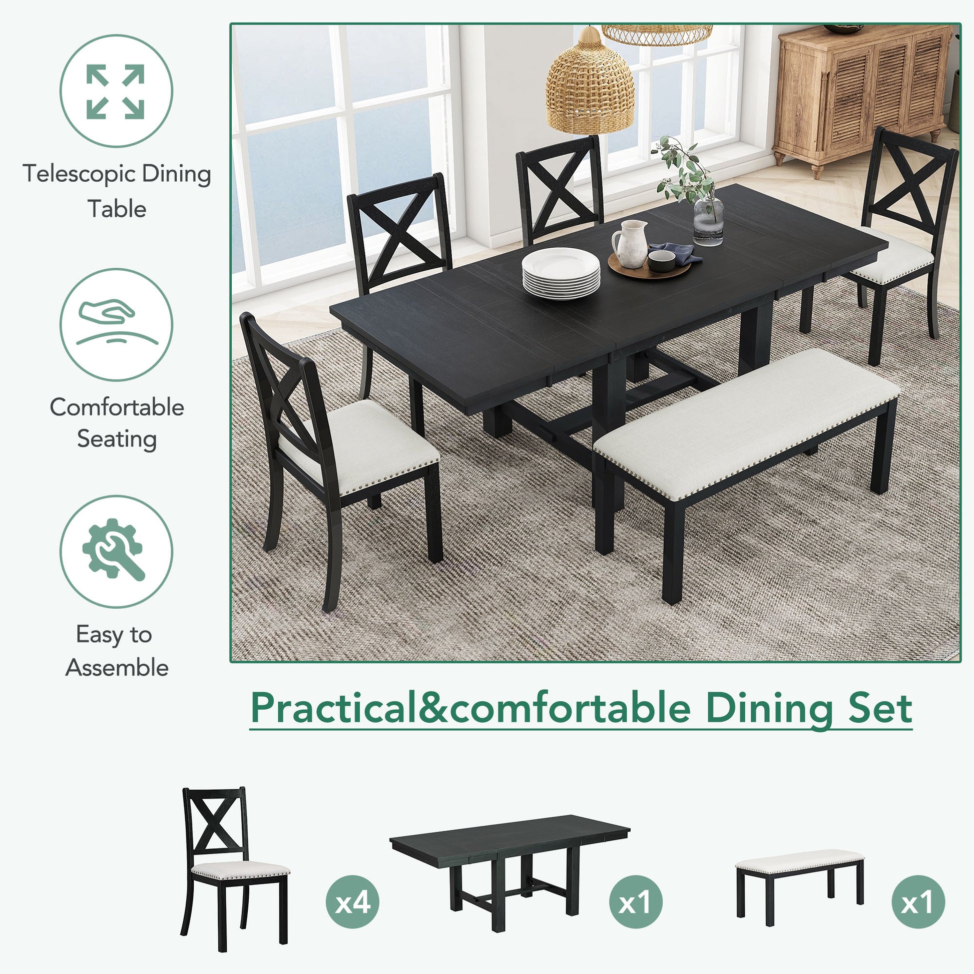 Farmhouse 82Inch 6 Piece Extendable Dining Table With Footrest, 4 Upholstered Dining Chairs And Dining Bench, Two 11"Removable Leaf, Black Beige Cushion Wood Dining Room Bench Seating Acacia