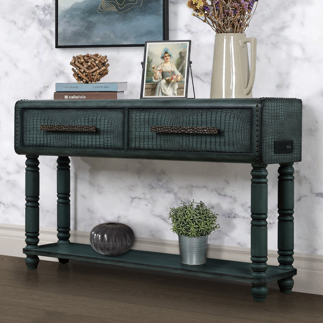 Light Luxury Retro Sofa Table With Outlets, 54 Inch Pine Wood Console Table With 2 Power Outlets And 2 Usb Ports For Entryway Hallway Living Room With Solid Wood Legs Antique Green Antique Green Primary Living Space American Design,American