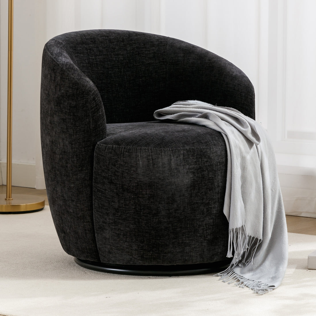 Chenille Fabric Swivel Accent Armchair Barrel Chair With Black Powder Coating Metal Ring,Black Black Foam Chenille