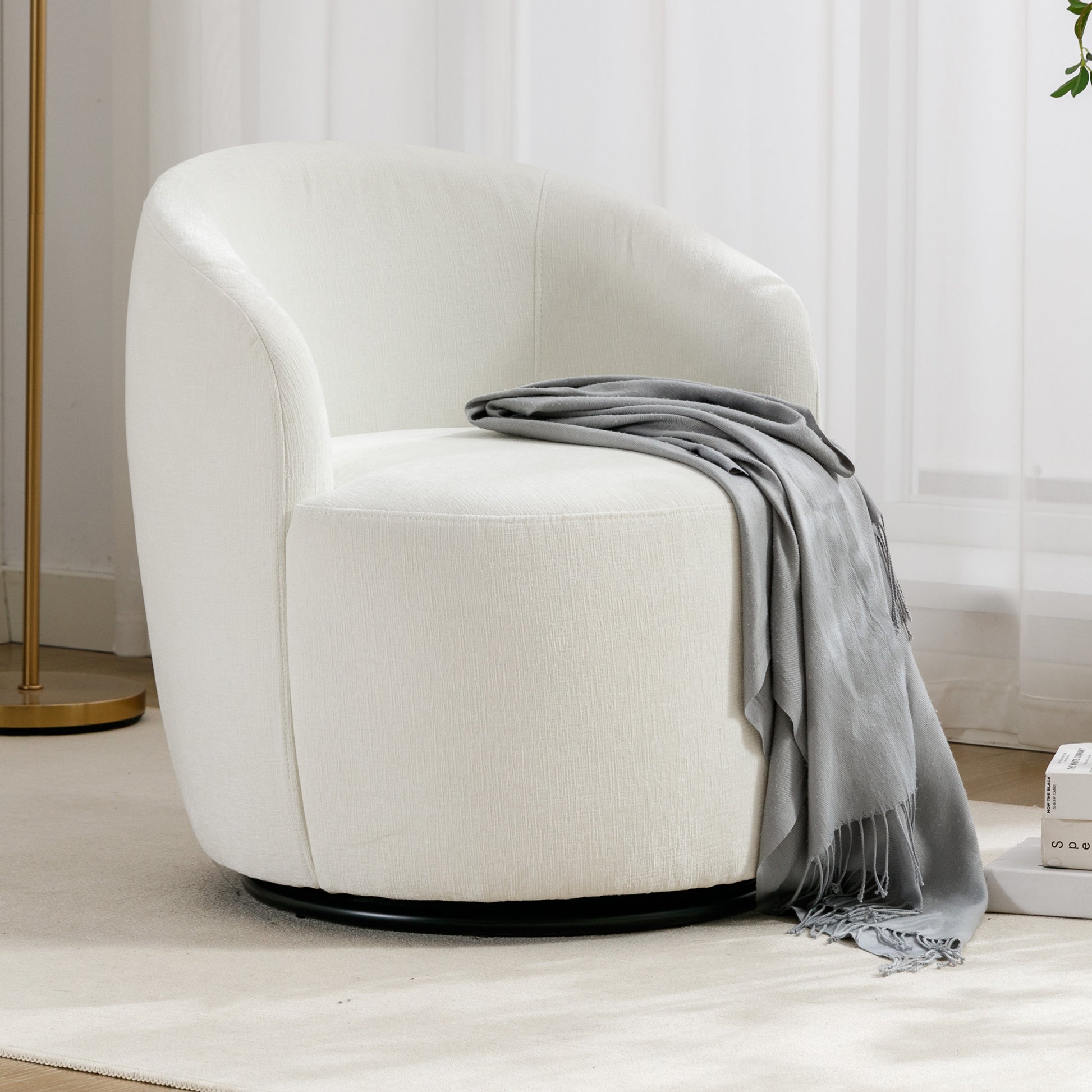 Chenille Fabric Swivel Accent Armchair Barrel Chair With Black Powder Coating Metal Ring,Ivory Ivory Foam Chenille