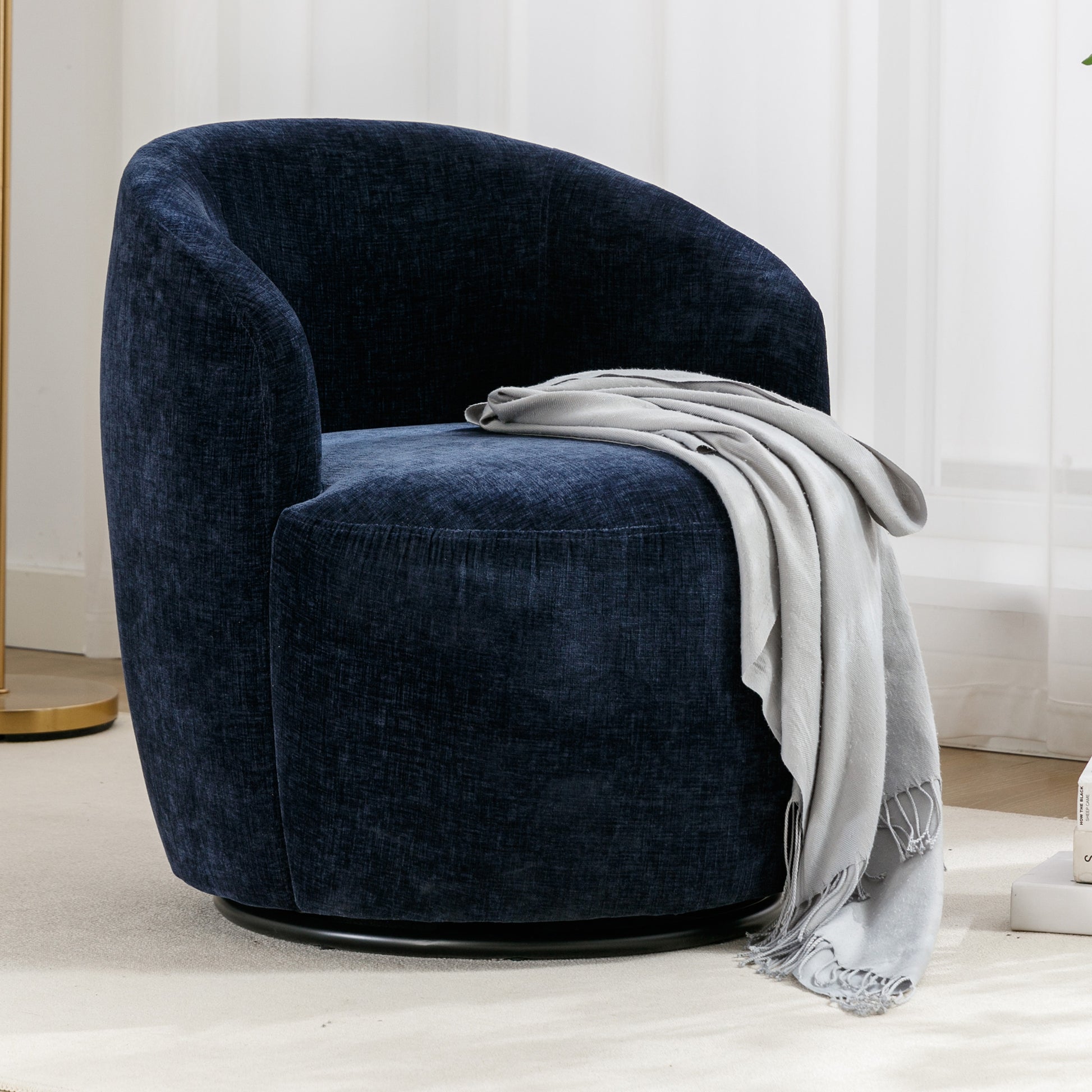 Chenille Fabric Swivel Accent Armchair Barrel Chair With Black Powder Coating Metal Ring,Blue Blue Foam Chenille
