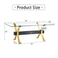 Dining Table. Modern Tempered Glass Dining Table. Large Modern Office Desk With Gold Plated Metal Legs And Mdf Crossbars, Suitable For Both Home And Office Use. Kitchen. 79 ''X39''X30 '' 1105 Transparent Glass