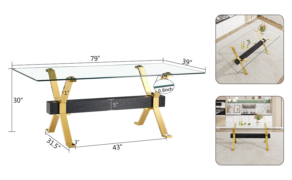 Dining Table. Modern Tempered Glass Dining Table. Large Modern Office Desk With Gold Plated Metal Legs And Mdf Crossbars, Suitable For Both Home And Office Use. Kitchen. 79 ''X39''X30 '' 1105 Transparent Glass