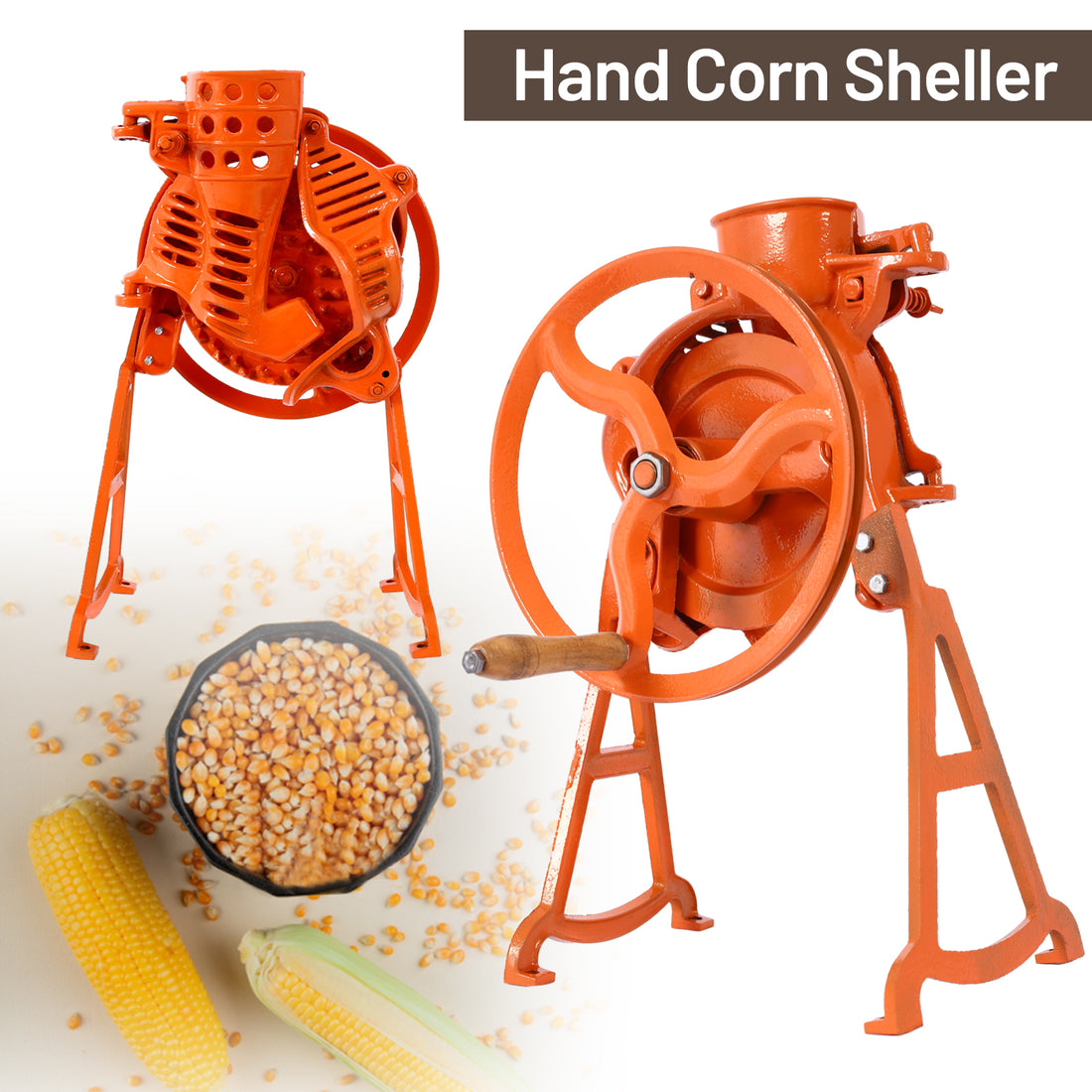 Hand Corn Sheller Heavy Duty Shelling Machine Manual Farm Corn Thresher Corn Remover Tools Hand Sheller With Wooden Handle Cast Iron Manual Thresher Orange Steel