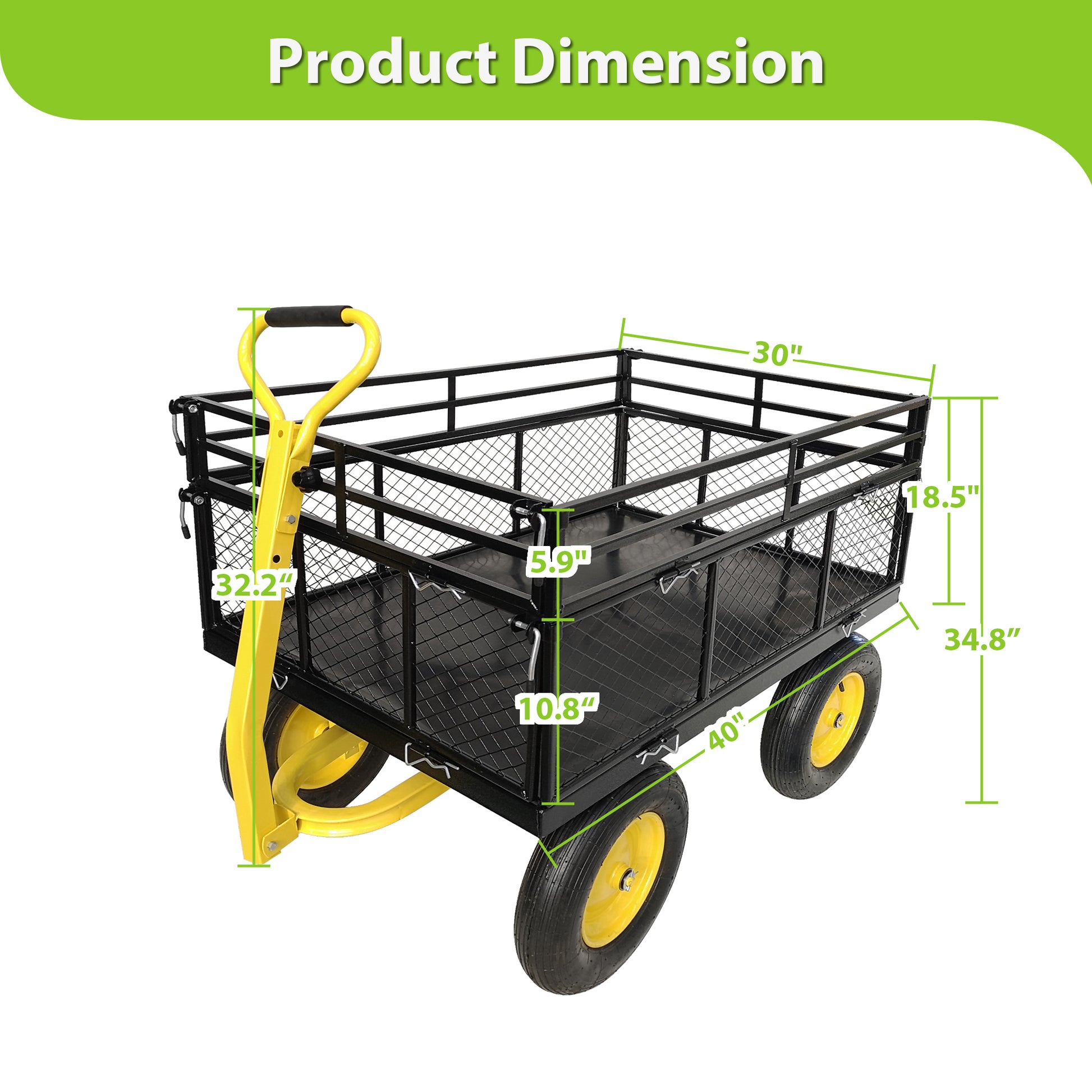 Steel Garden Cart, Heavy Duty 1400 Lbs Capacity, With Removable Mesh Sides To Convert Into Flatbed, Utility Metal Wagon With 2 In 1 Handle And 16 In Tires, Perfect For Garden, Farm, Yard Black Metal