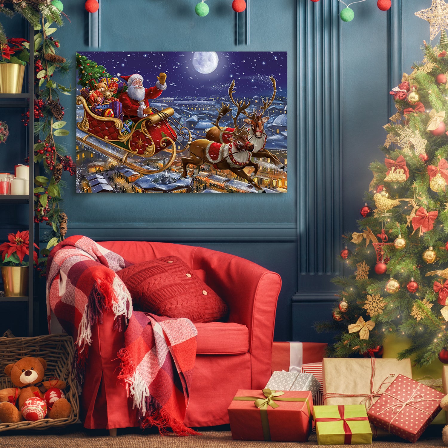 Framed Canvas Wall Art Decor Painting For Chrismas, Santa On Sleigh With Reindeer Gift Painting For Chrismas Gift, Decoration For Chrismas Eve Office Living Room, Bedroom Decor 4028Inch Thickness 1.5I Rectangle Framed Multicolor Christmas Oversized 41In