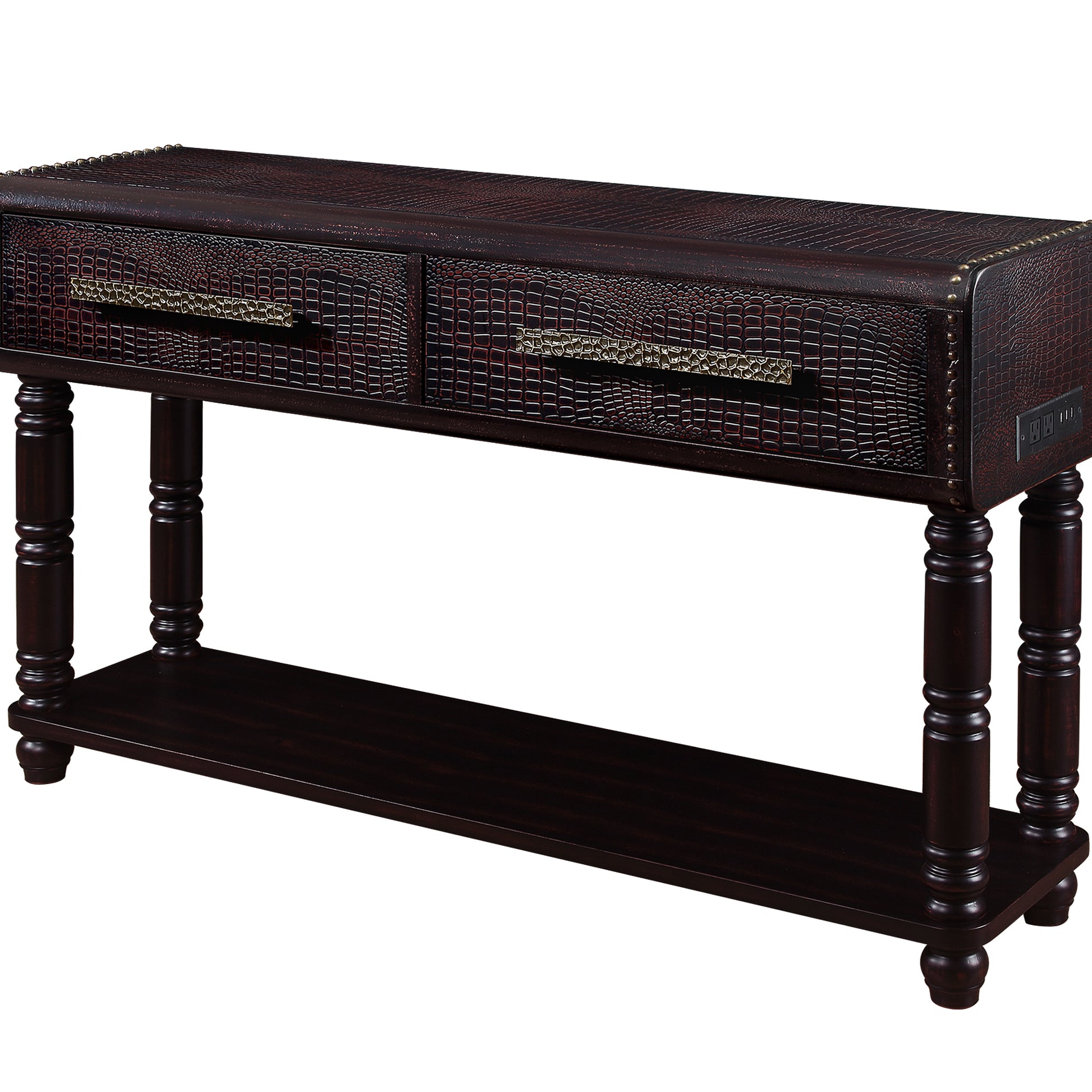 Light Luxury Retro Sofa Table With Outlets, 54 Inch Pine Wood Console Table With 2 Power Outlets And 2 Usb Ports For Entryway Hallway Living Room With Solid Wood Legs Dark Cherry Distressed Black Built In Outlets Or Usb Primary Living Space American