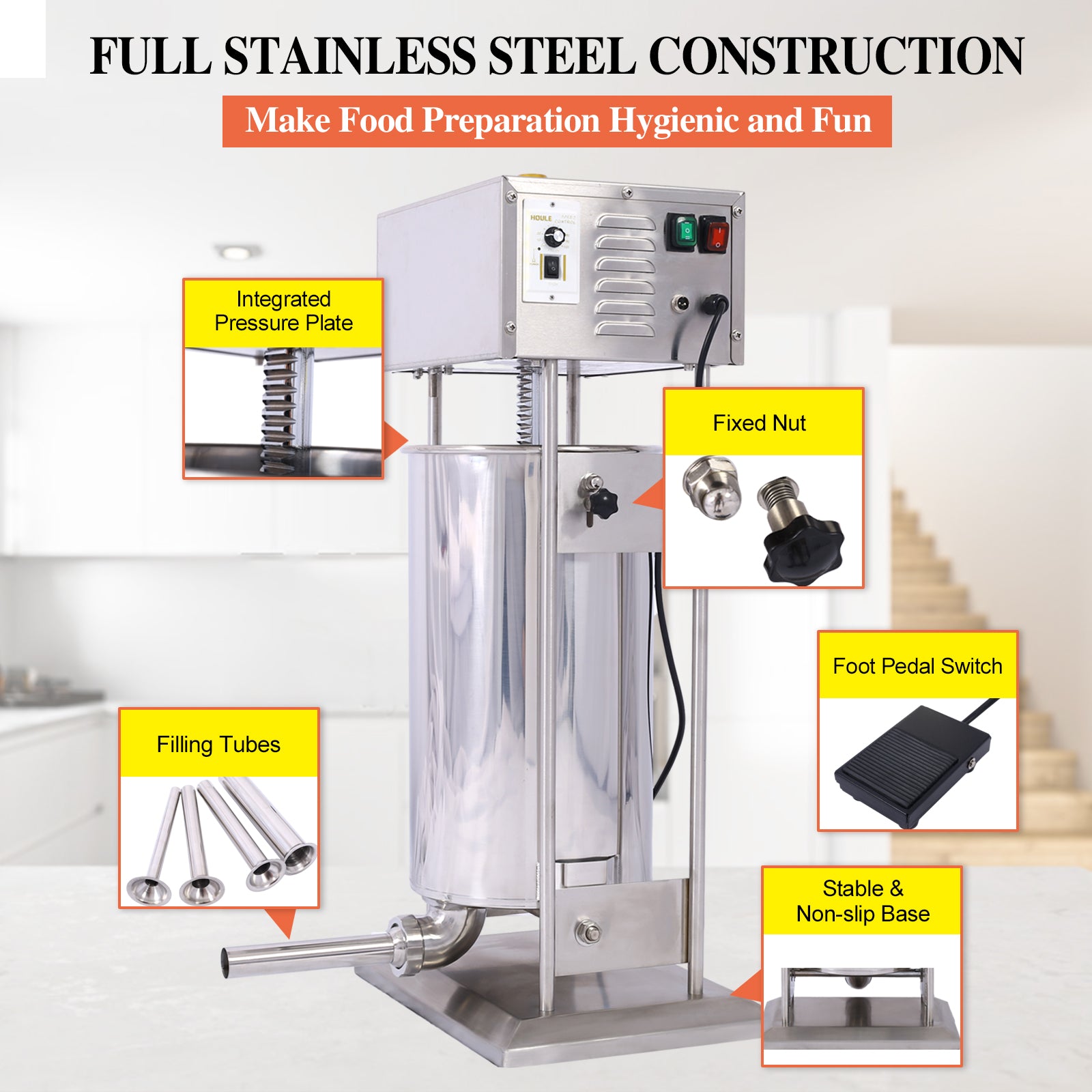 Electric Sausage Filler 10L Sausage Maker Stainless Steel Sausage Stuffer 15.4Lb 110V 120W Sausage Ssteel Stuffing Tubestuffer Silver Stainless Steel