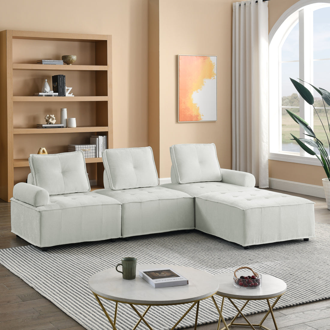 L Shape Modular Sectional Sofa, Diy Combination, Chenille White Chenille Wood Tight Back Eucalyptus Square Arms Foam Chenille 4 Seat