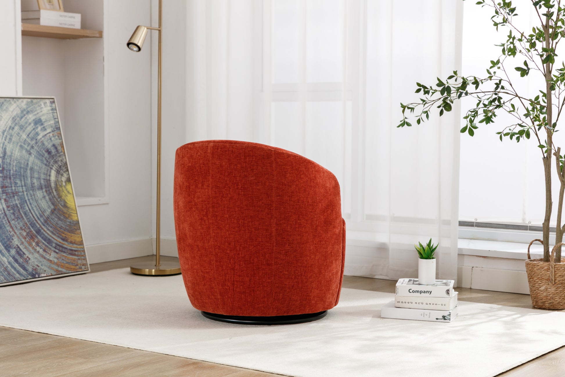 Chenille Fabric Swivel Accent Armchair Barrel Chair With Black Powder Coating Metal Ring,Orange Orange Foam Chenille