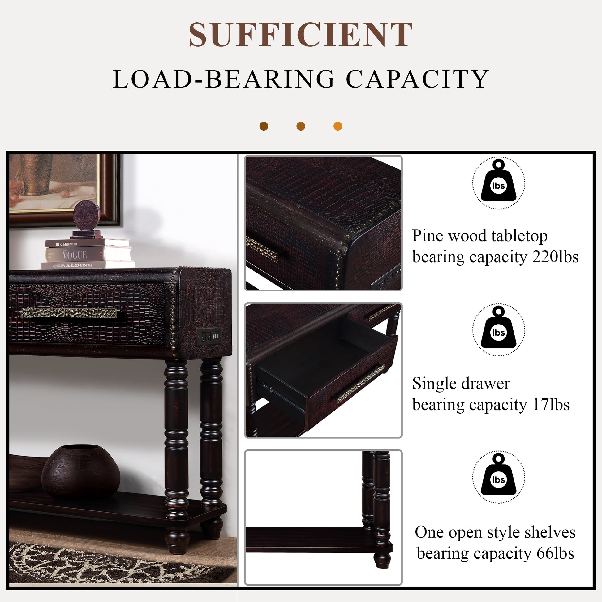 Light Luxury Retro Sofa Table With Outlets, 54 Inch Pine Wood Console Table With 2 Power Outlets And 2 Usb Ports For Entryway Hallway Living Room With Solid Wood Legs Dark Cherry Distressed Black Built In Outlets Or Usb Primary Living Space American