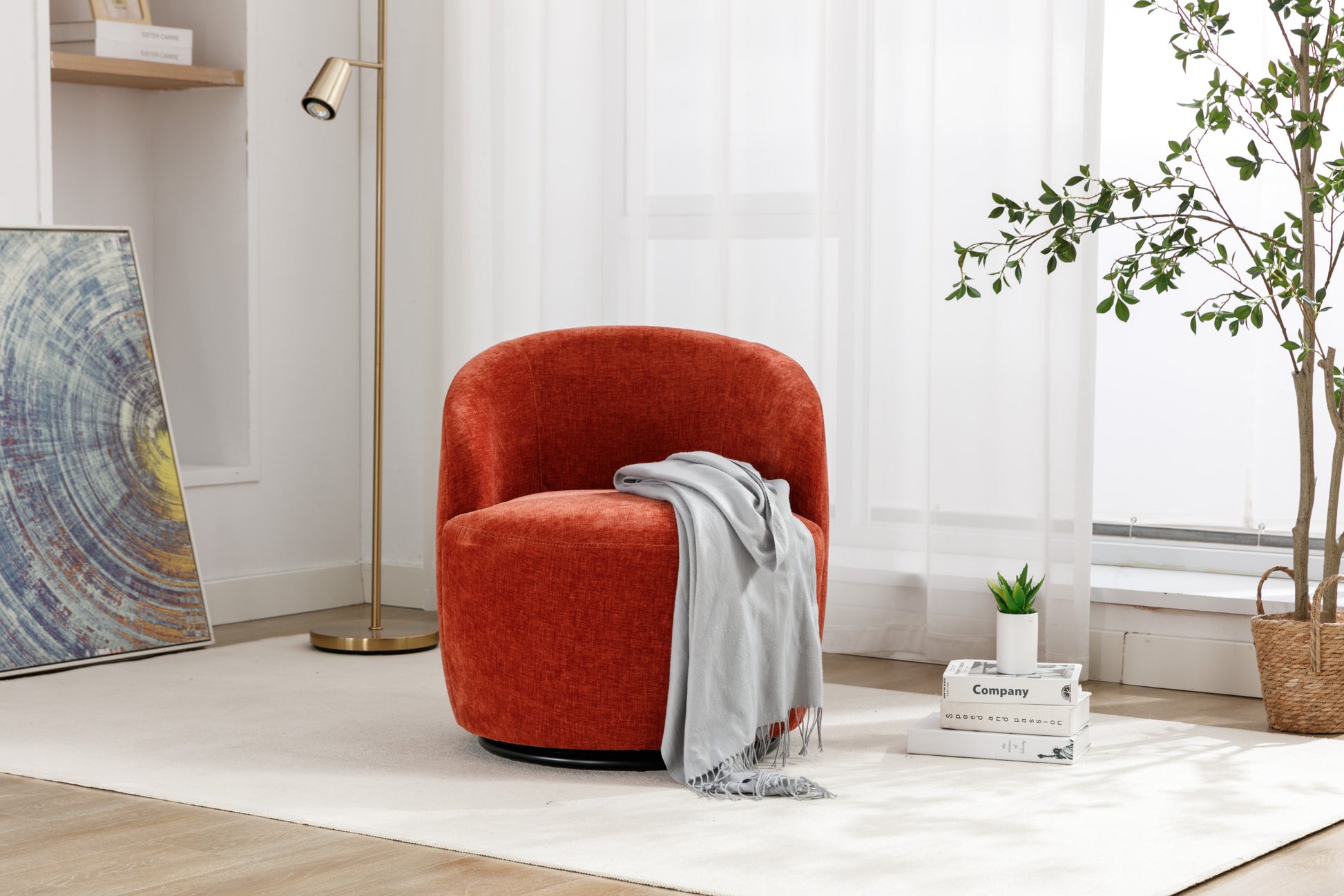 Chenille Fabric Swivel Accent Armchair Barrel Chair With Black Powder Coating Metal Ring,Orange Orange Foam Chenille