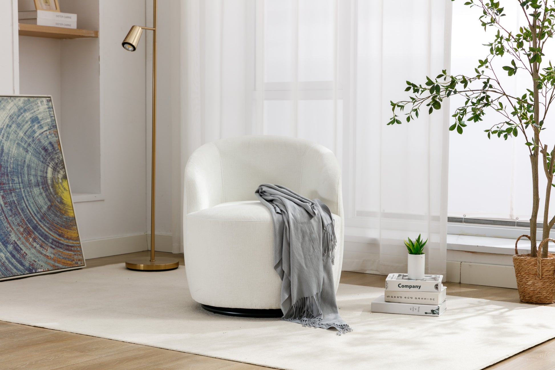Chenille Fabric Swivel Accent Armchair Barrel Chair With Black Powder Coating Metal Ring,Ivory Ivory Foam Chenille