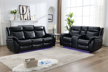 M05 2 Pieces Power Reclining Sofa Sets,Technical Leather Power Reclining Loveseat Power Recliner W Wireless Charger Led Strip For Living Room,Black Black Technical Leather