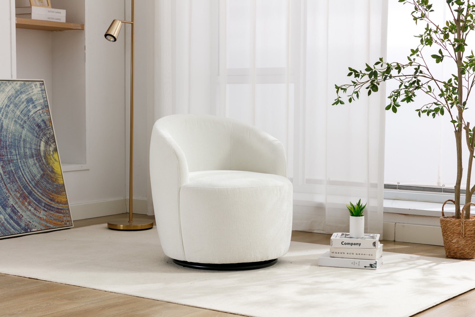 Chenille Fabric Swivel Accent Armchair Barrel Chair With Black Powder Coating Metal Ring,Ivory Ivory Foam Chenille