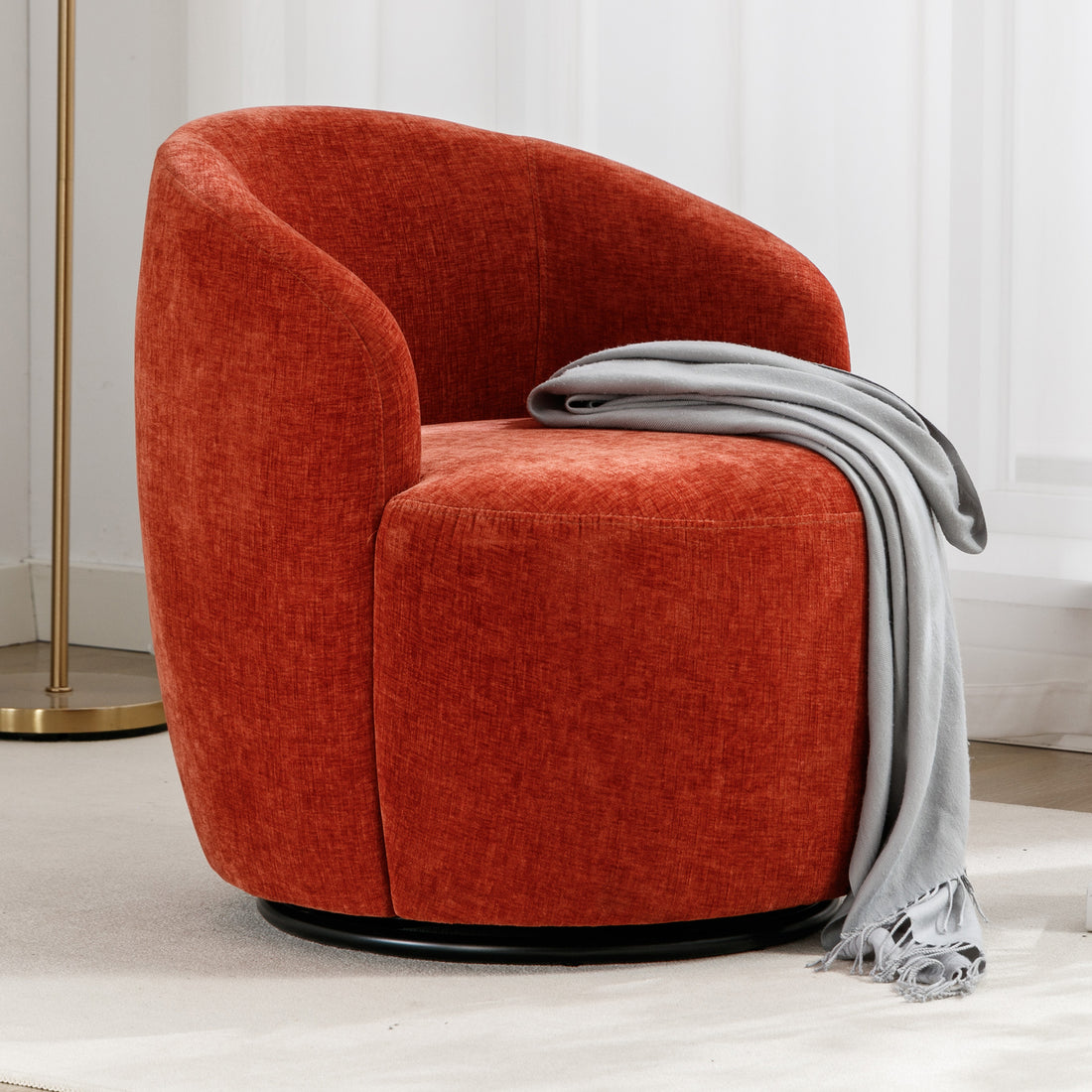 Chenille Fabric Swivel Accent Armchair Barrel Chair With Black Powder Coating Metal Ring,Orange Orange Foam Chenille