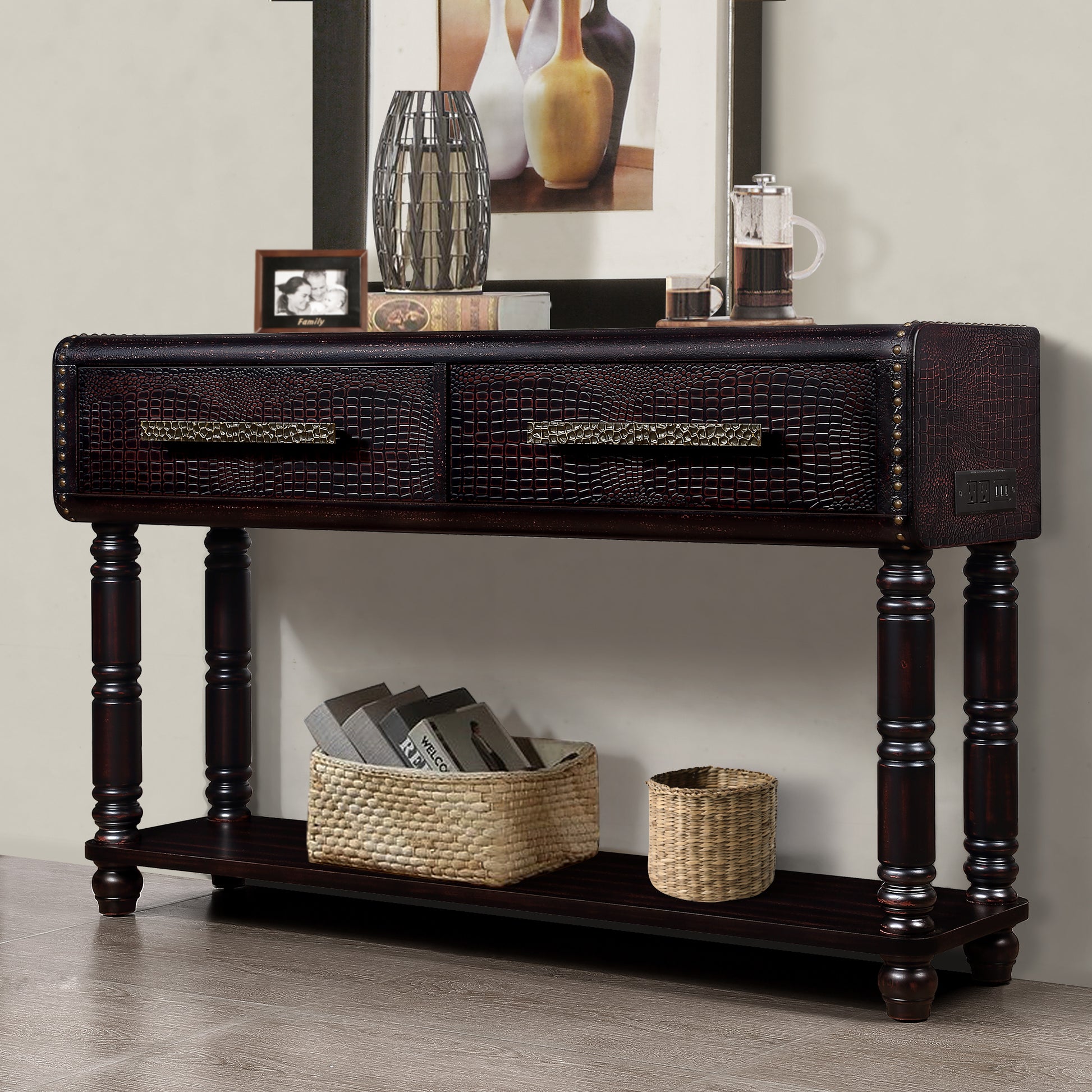 Light Luxury Retro Sofa Table With Outlets, 54 Inch Pine Wood Console Table With 2 Power Outlets And 2 Usb Ports For Entryway Hallway Living Room With Solid Wood Legs Dark Cherry Distressed Black Built In Outlets Or Usb Primary Living Space American