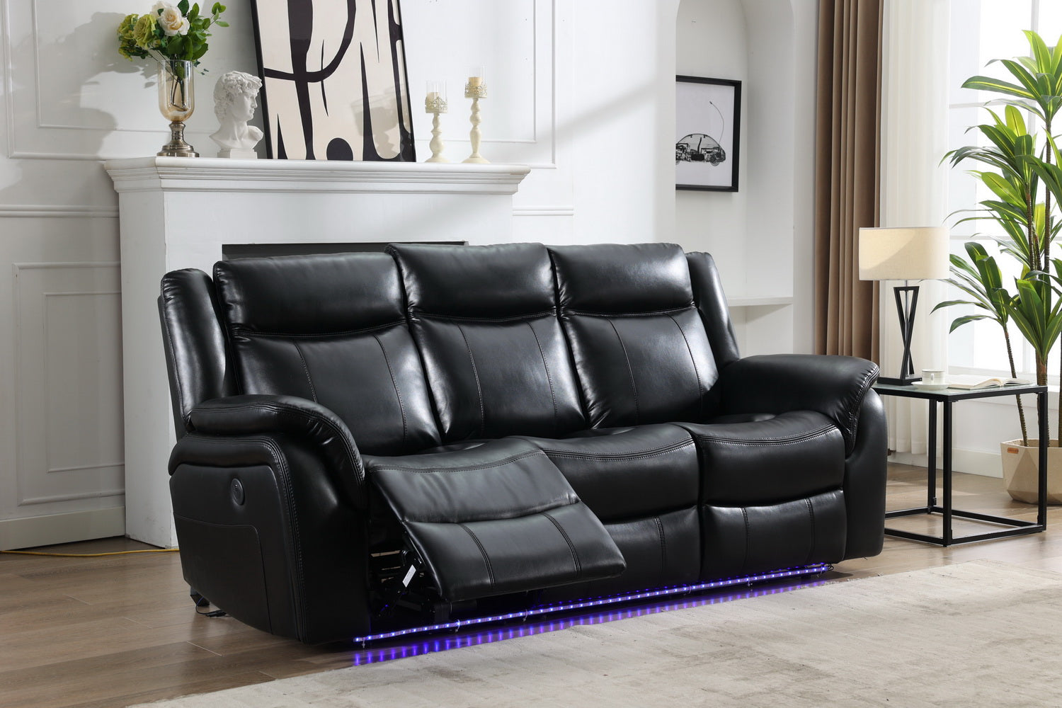 Power Reclining Sofa With Led Strip Drop Off Table Black Color Black Technical Leather