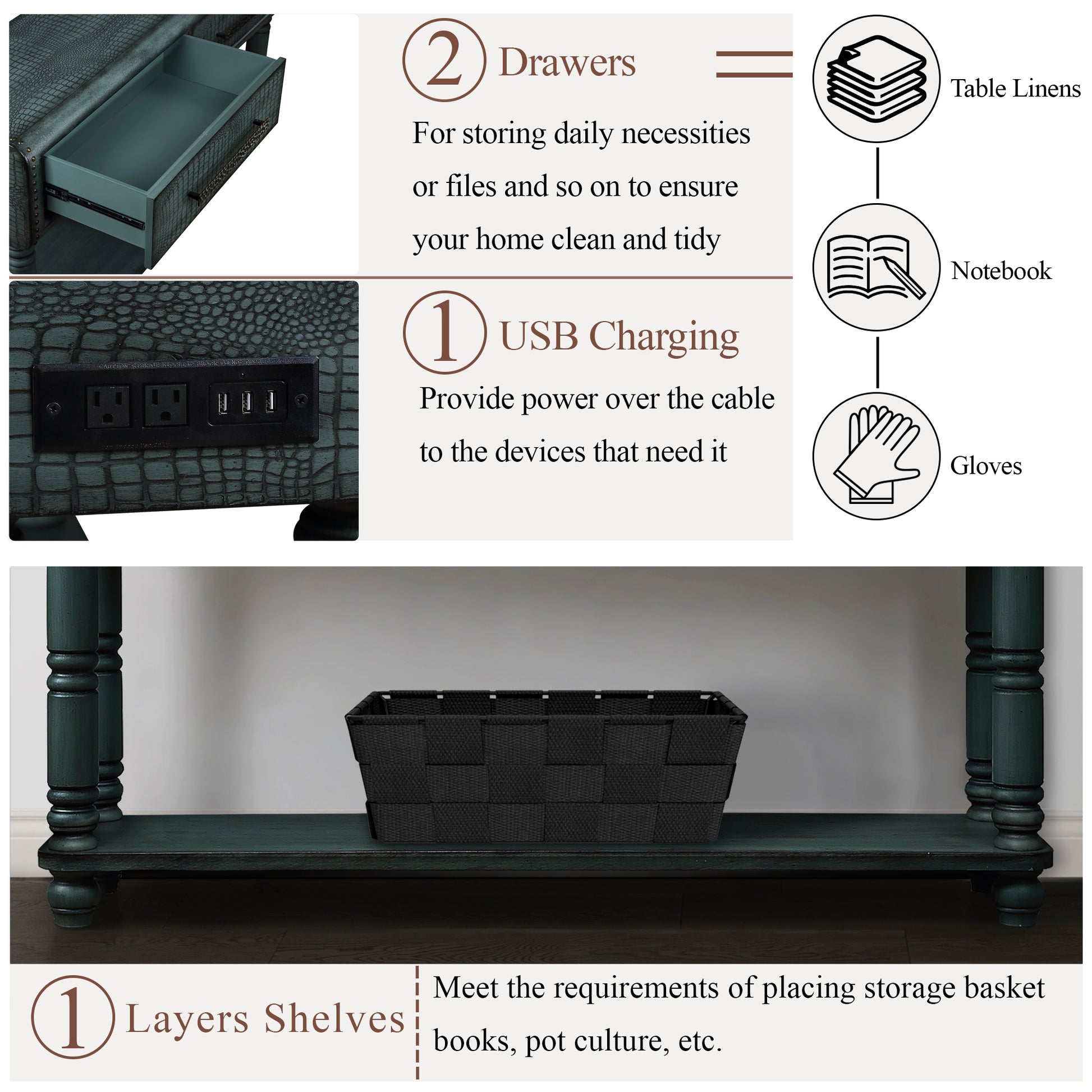 Light Luxury Retro Sofa Table With Outlets, 54 Inch Pine Wood Console Table With 2 Power Outlets And 2 Usb Ports For Entryway Hallway Living Room With Solid Wood Legs Antique Green Antique Green Primary Living Space American Design,American