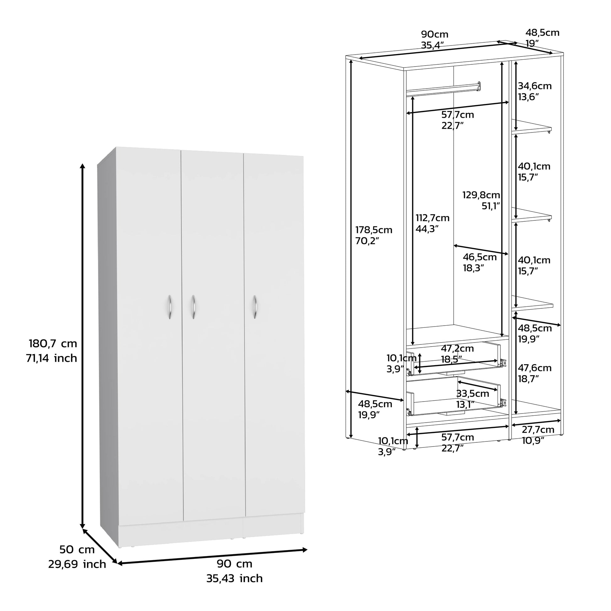 Wardrobe Armoire 71H" With 3 Doors And 2 Inner Drawers, 3 Doors, White White Bedroom Modern Pine Particle Board Particle Board