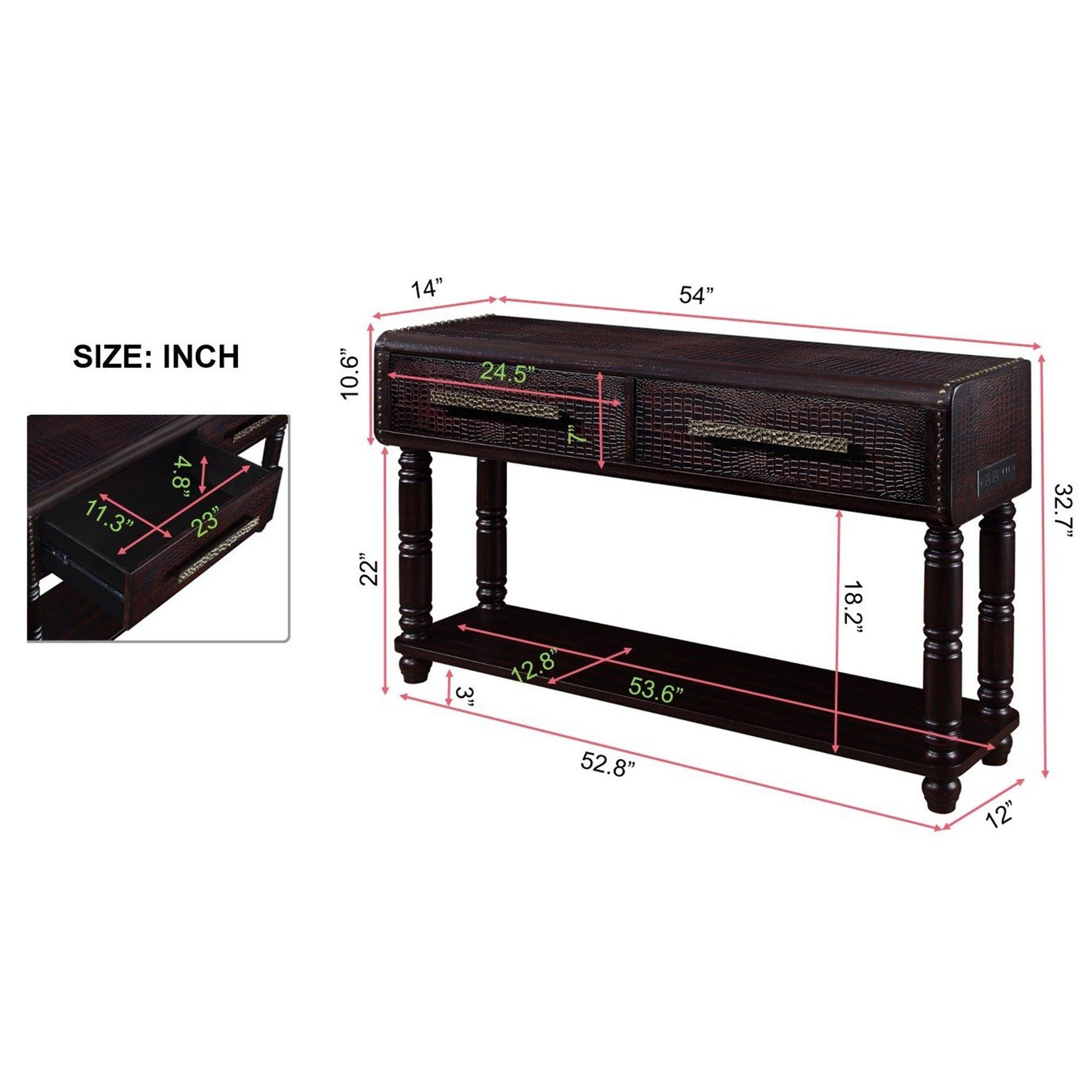 Light Luxury Retro Sofa Table With Outlets, 54 Inch Pine Wood Console Table With 2 Power Outlets And 2 Usb Ports For Entryway Hallway Living Room With Solid Wood Legs Dark Cherry Distressed Black Built In Outlets Or Usb Primary Living Space American
