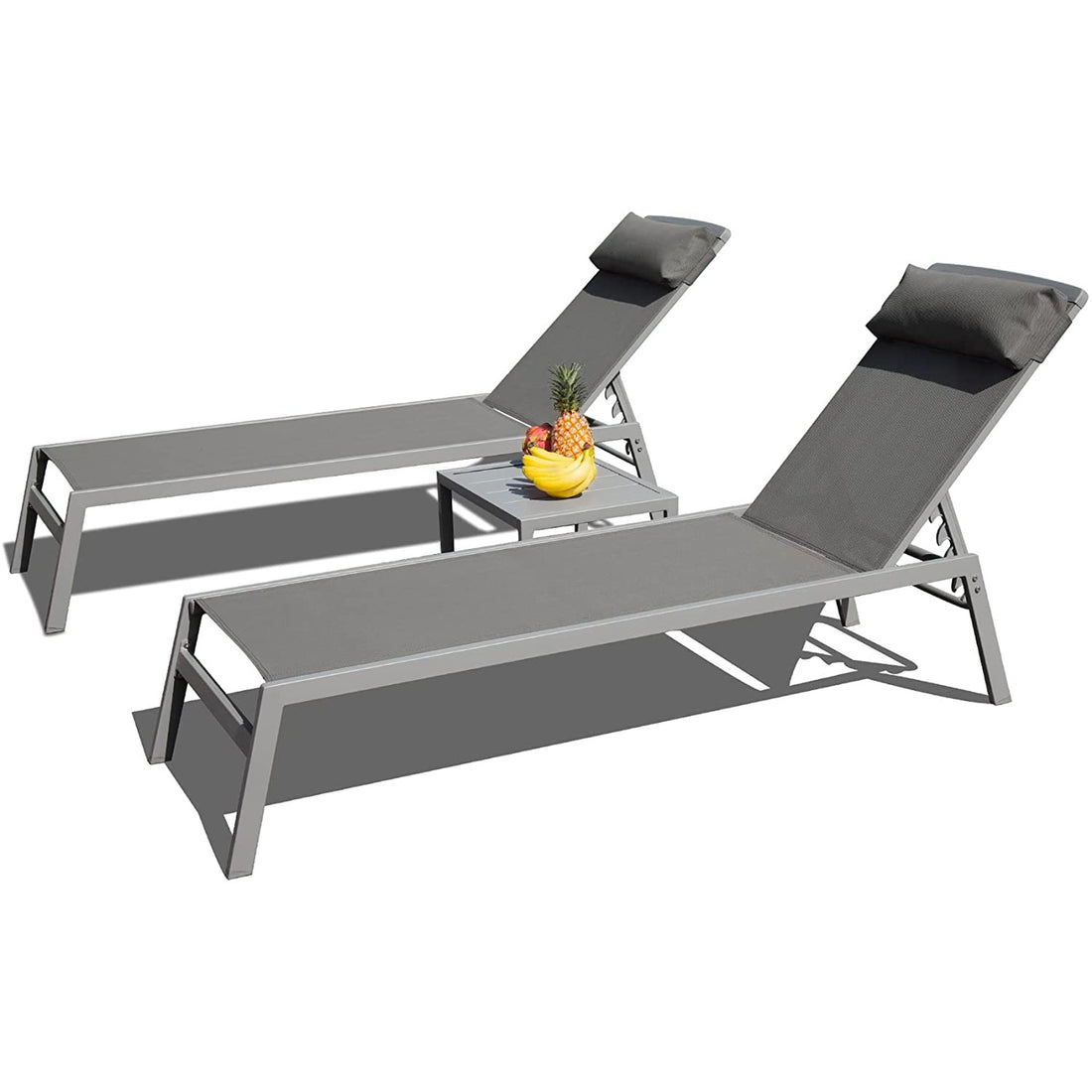 Patio Chaise Lounge Set, 3 Pieces Aluminum Adjustable Pool Lounge Chairs Textilene Sunbathing Recliner With Headrest Grey,2 Lounge Chairs 1 Table Grey Aluminium
