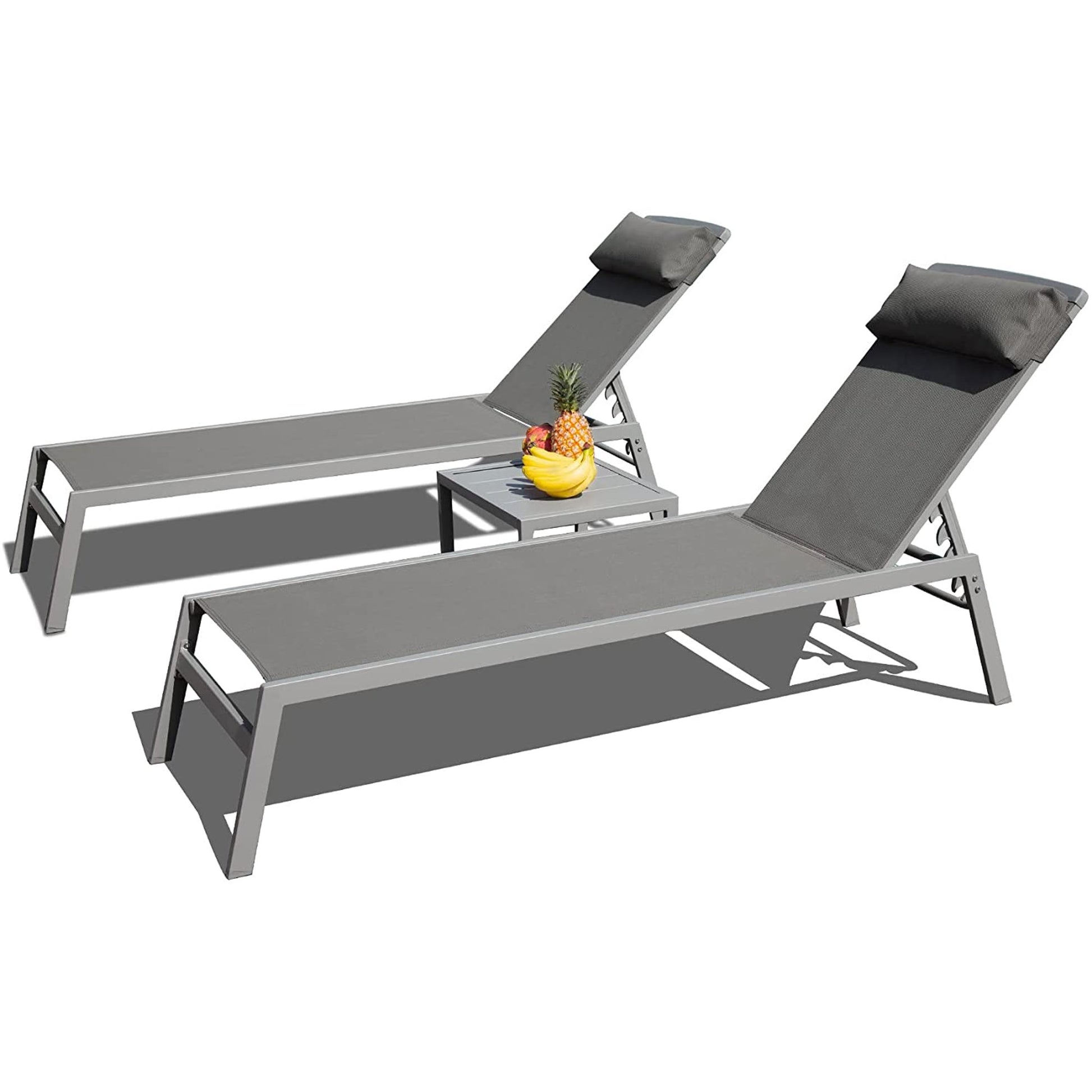 Patio Chaise Lounge Set, 3 Pieces Aluminum Adjustable Pool Lounge Chairs Textilene Sunbathing Recliner With Headrest Grey,2 Lounge Chairs 1 Table Grey Aluminium