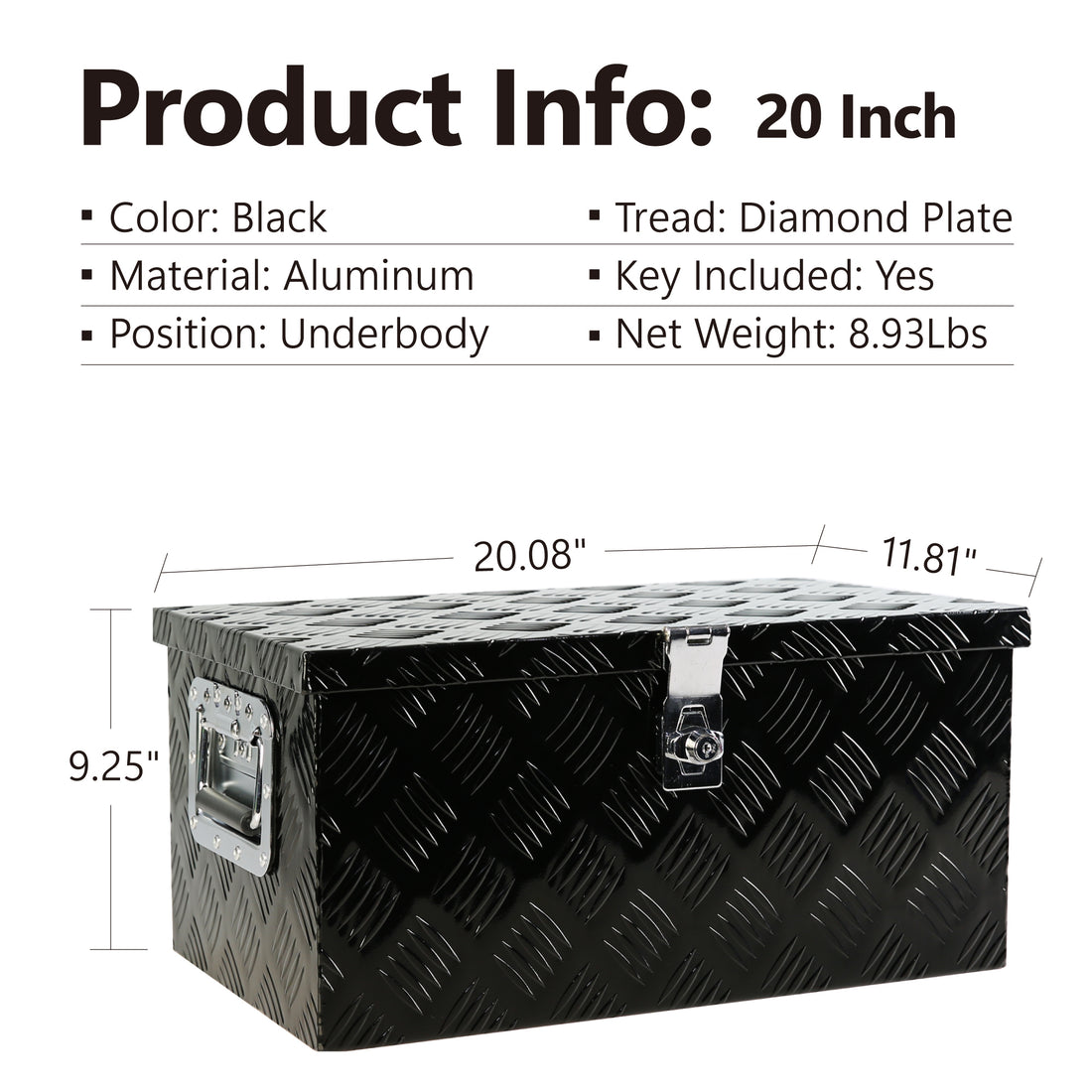 20 Inch Black Aluminum Tool Long Box 5 Bar Tread Flat Box For Truck Car Outdoor Trailer Pickup Underbody Rv Atv Storage Tools Organizer With Lock Side Handle And Ke 20.1" 11.8" 9.3" Black Aluminum