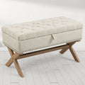 35 Inch Storage Ottoman, Button Tufted Ottoman Linen Storage Bench, Ottoman With Storage Light Beige Burlap