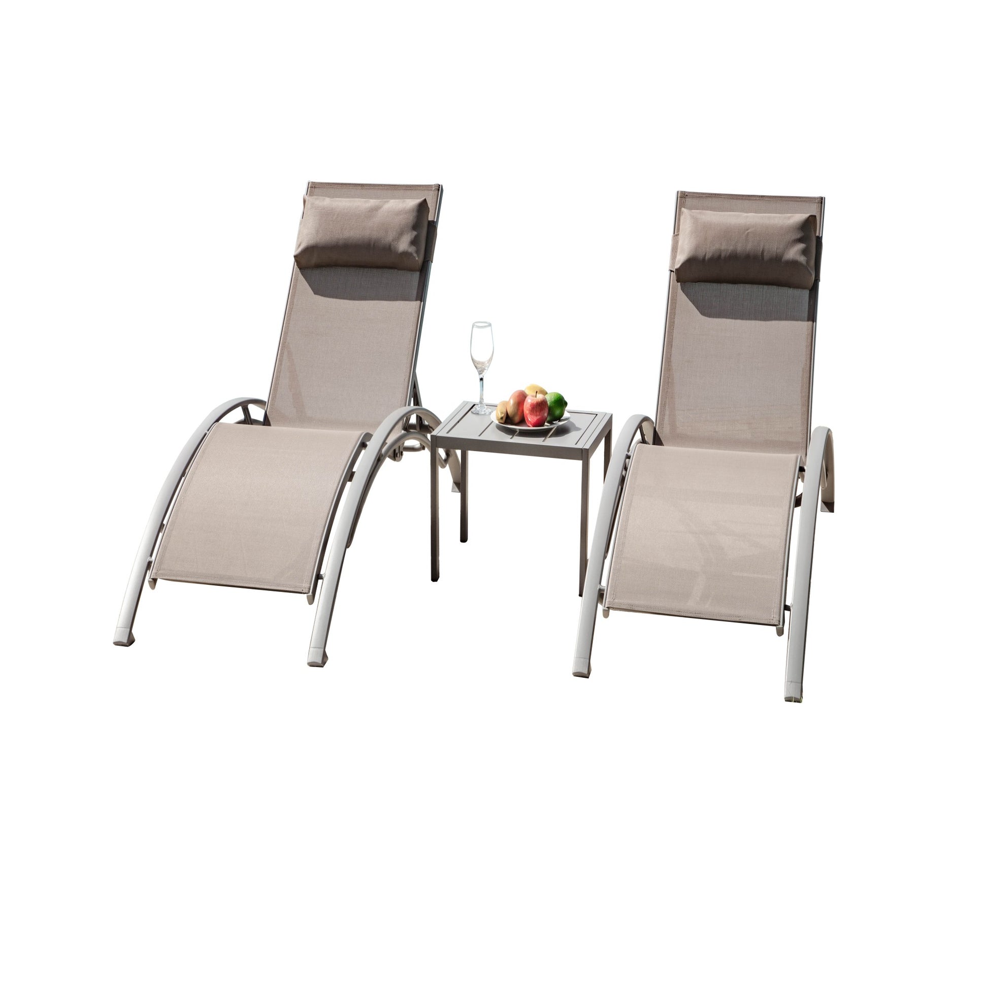 Pool Lounge Chairs Set Of 3, Adjustable Aluminum Outdoor Chaise Lounge Chairs With Metal Side Table, All Weather For Deck Lawn Poolside Backyard Khaiki, 2 Lounge Chair 1 Table Khaki Aluminium