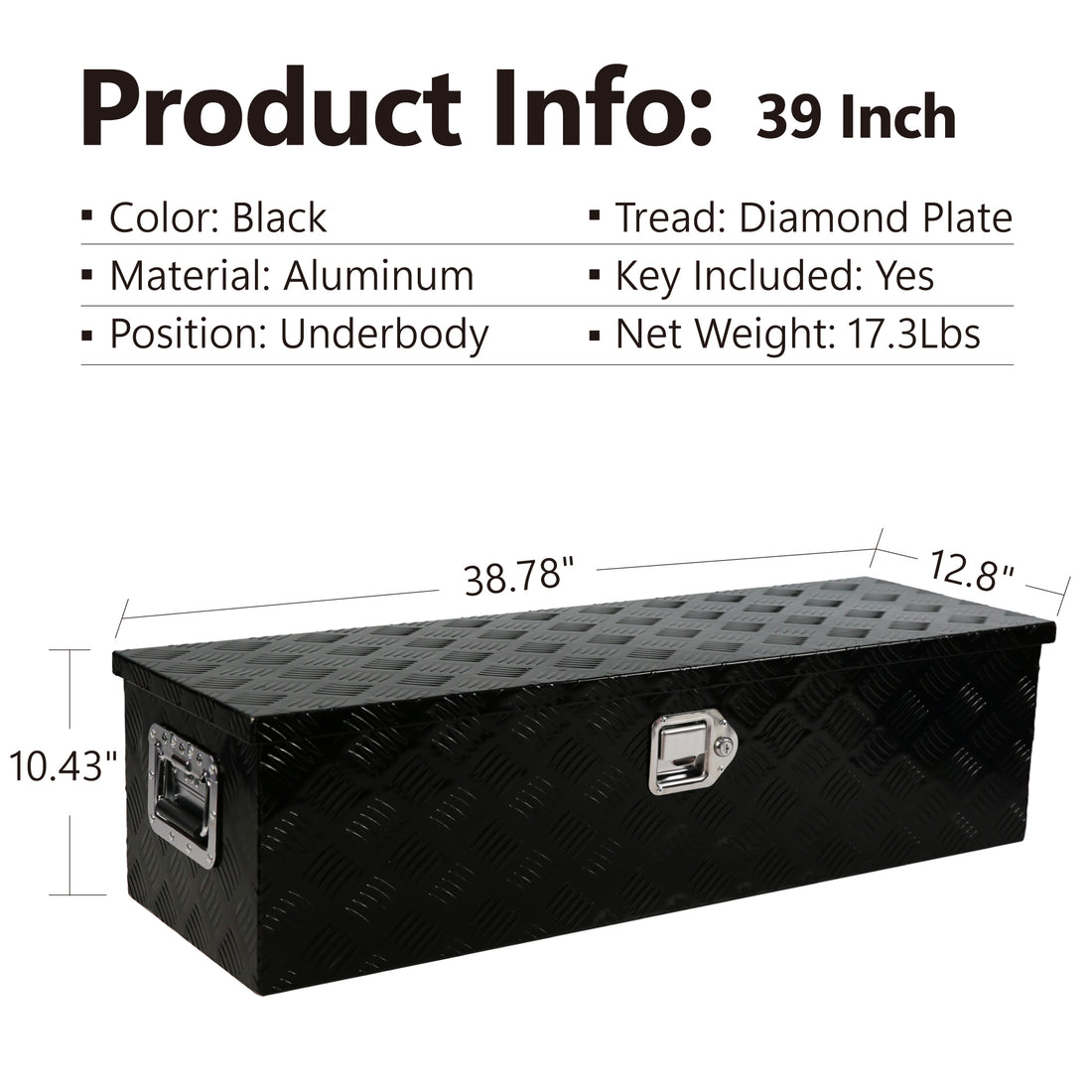 39 Inch Aluminum Truck Tool Long Box, Gas Strut, Truck Bed Tool Box With Side Handle ,Lock And 2 Ke, Tool Storage Box For Truck,Trailer,Pickup 38.8" 12.8" 10.4" Black Aluminum