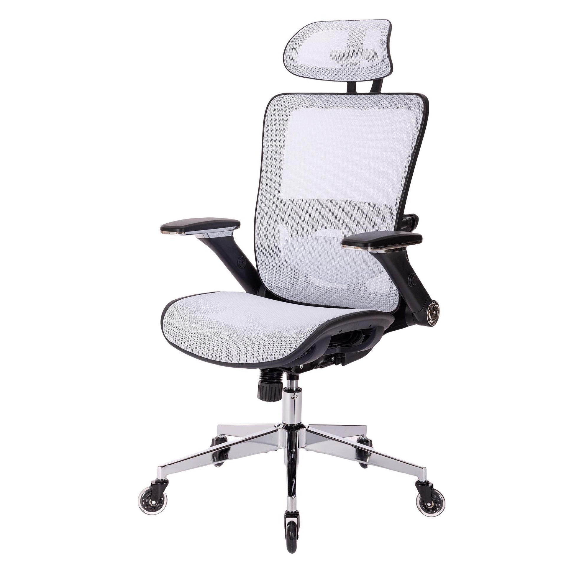 White Ergonomic Mesh Office Chair, High Back Adjustable Headrest With Flip Up Arms, Tilt And Lock Function, Lumbar Support And Blade Wheels, Kd Chrome Metal Legs White Office American Design Office Chairs Foam Plastic