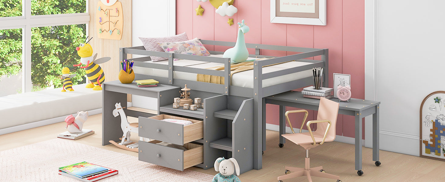 Full Size Loft Bed With Desk And Drawers, Wooden Loft Bed With Lateral Portable Desk, Gray Gray Solid Wood Mdf