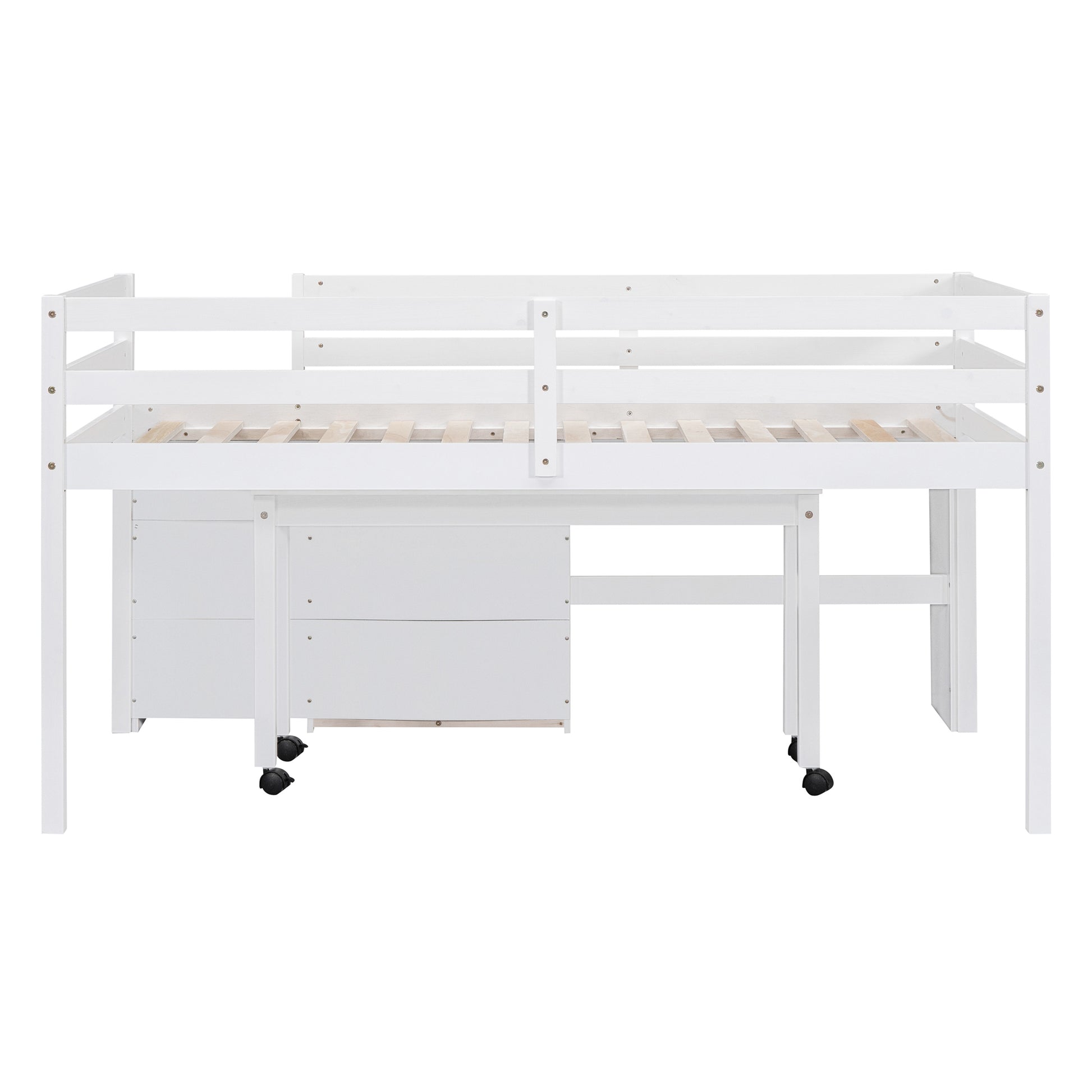 Twin Size Loft Bed With Desk And Drawers, Wooden Loft Bed With Lateral Portable Desk, White White Solid Wood Mdf