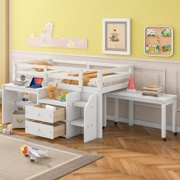 Twin Size Loft Bed With Desk And Drawers, Wooden Loft Bed With Lateral Portable Desk, White White Solid Wood Mdf