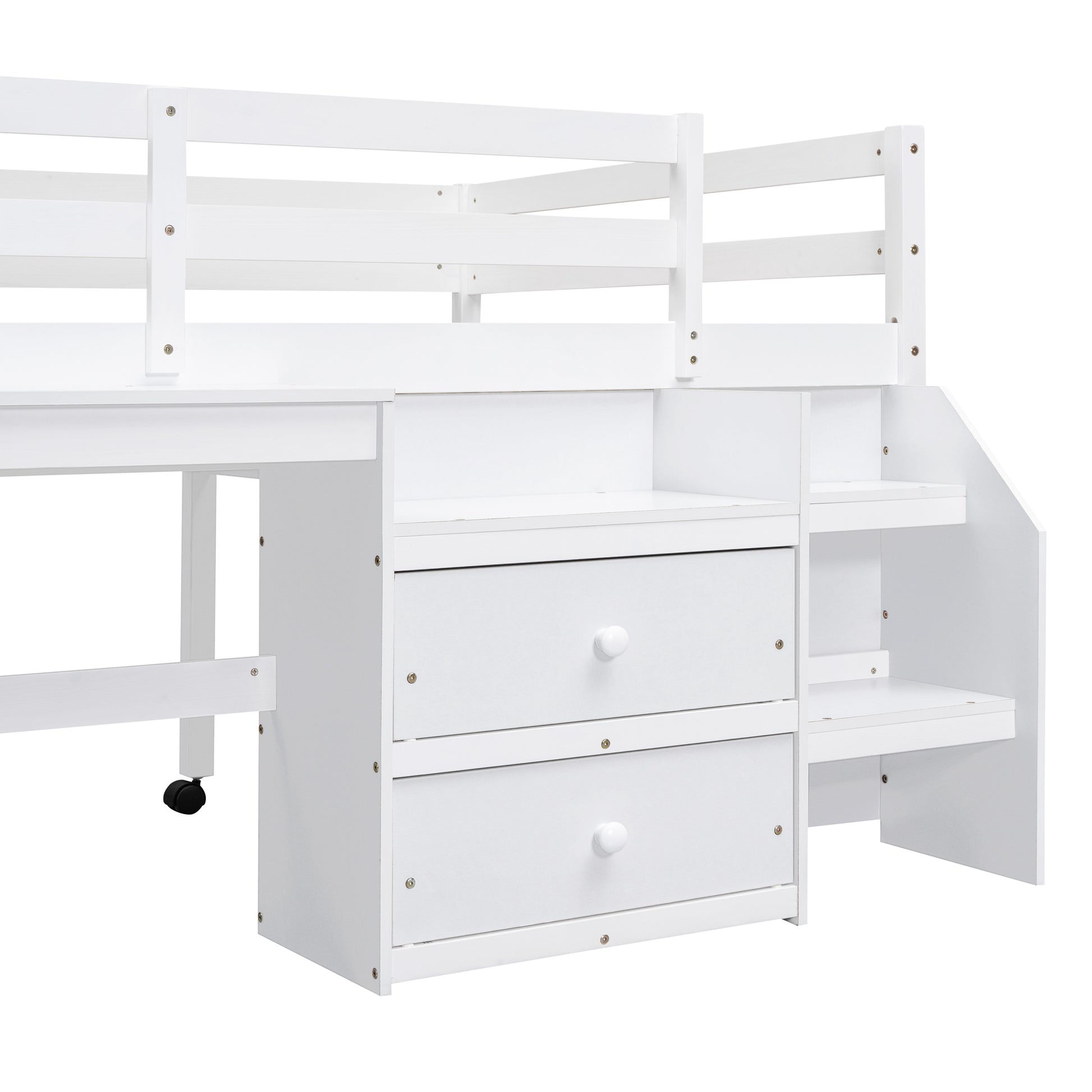 Full Size Loft Bed With Desk And Drawers, Wooden Loft Bed With Lateral Portable Desk, White White Solid Wood Mdf